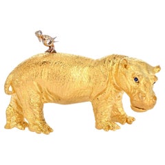 Tiffany Co. Hippopotamus Diamond Bird 18k Gold Brooch Hippo Pin