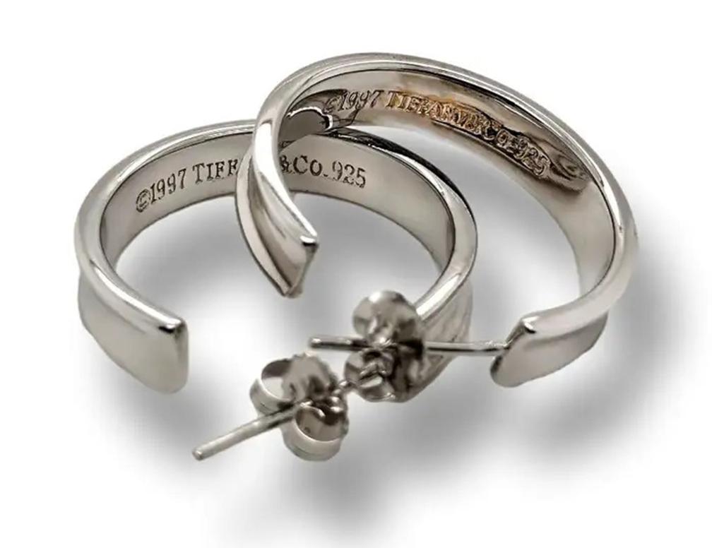 Tiffany & Co. Hoop Earrings T & Co. 1837  Sterling Silver Box and Pouch For Sale 1