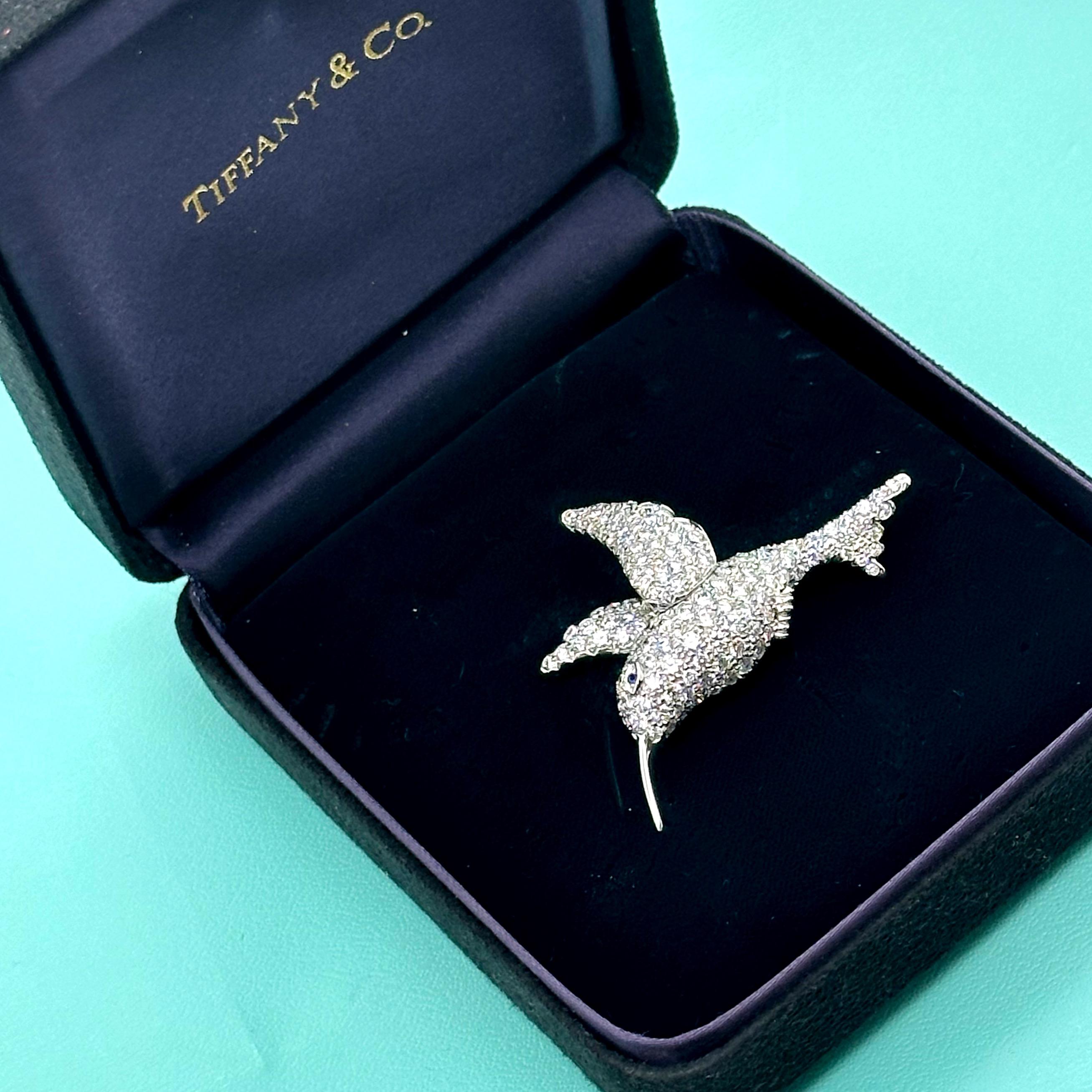 Round Cut Tiffany & Co. Hummingbird Diamond Brooch Pin in Platinum For Sale