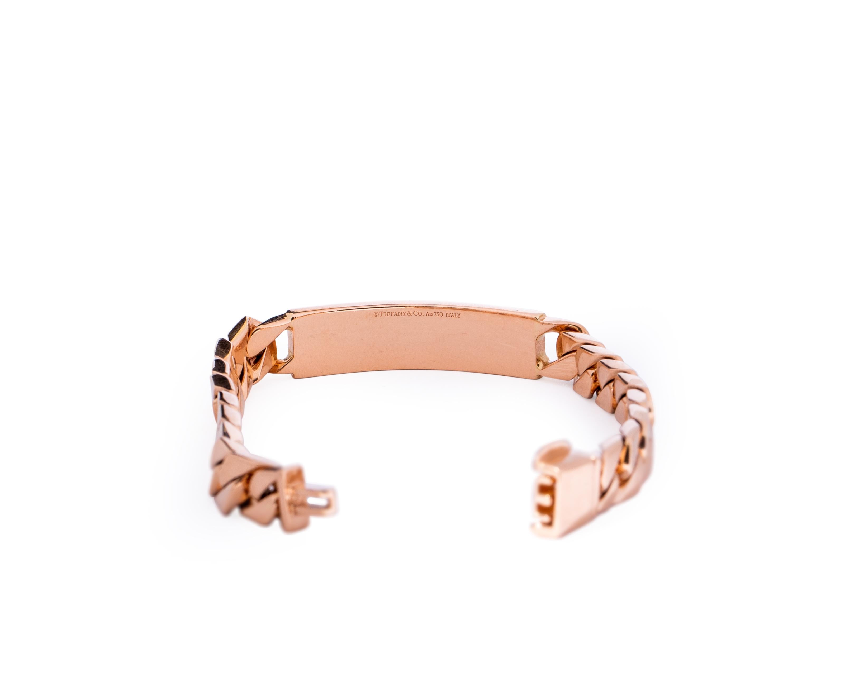 Unique Tiffany & Co. Item from 1990s - it is an ID Cuban Bracelet crafted in 18 karat rose gold. It is absolutely stunning! Made in Italy, and features a standard clasp.

Item Details:
Metal Type: 18 Karat Rose Gold
Weight: 68.56 grams
Fits an 8