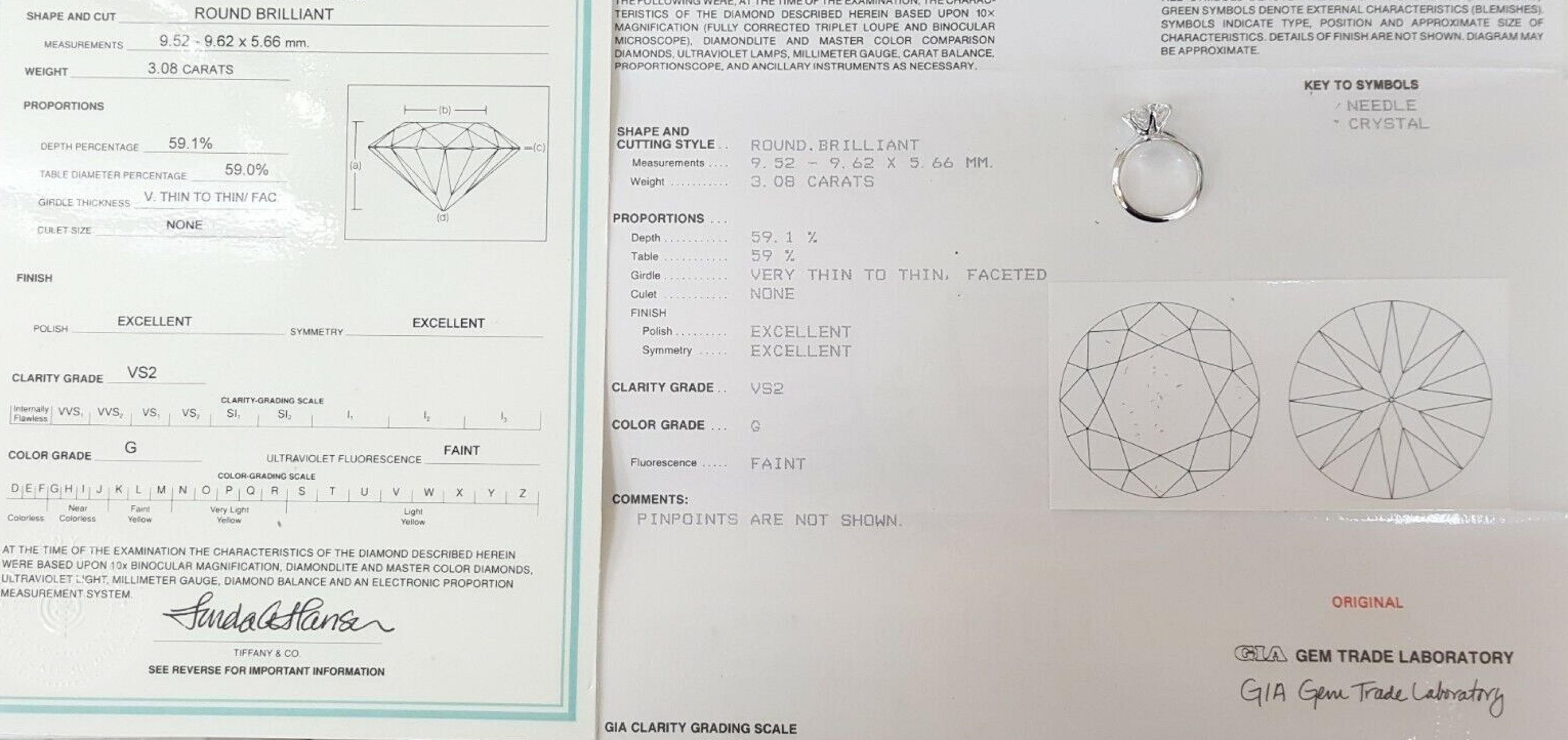 Taille ronde Tiffany & Co. Bague en platine avec diamant taille brillant rond de 3 carats certifié IDEAL CUT en vente