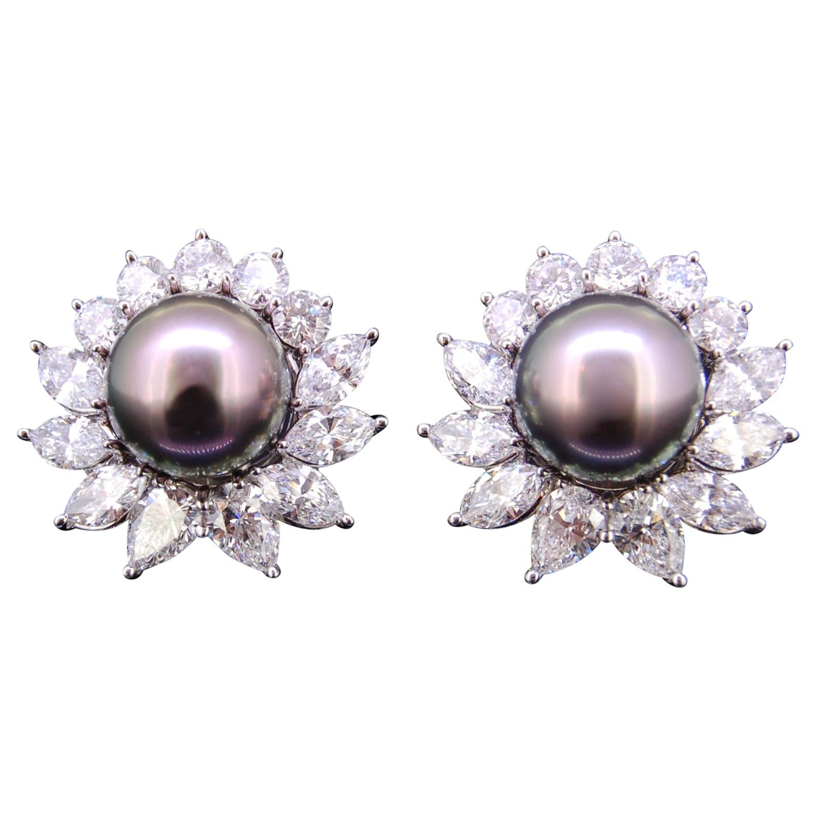 Tiffany & Co., Important Pair of Platinum, Black Pearl and Diamond Earrings For Sale