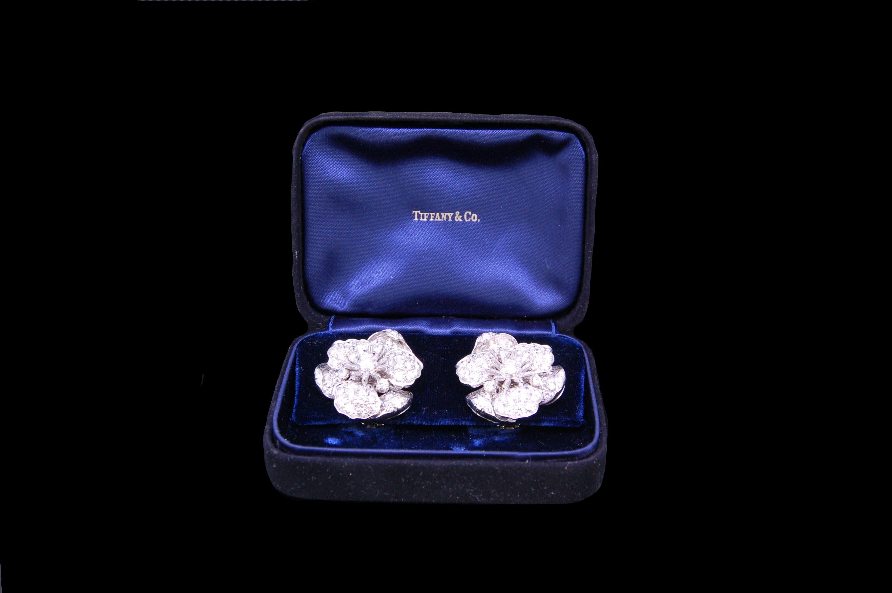 Modern Tiffany & Co., Important Pair of Platinum, Diamond Flowerhead Earrings For Sale