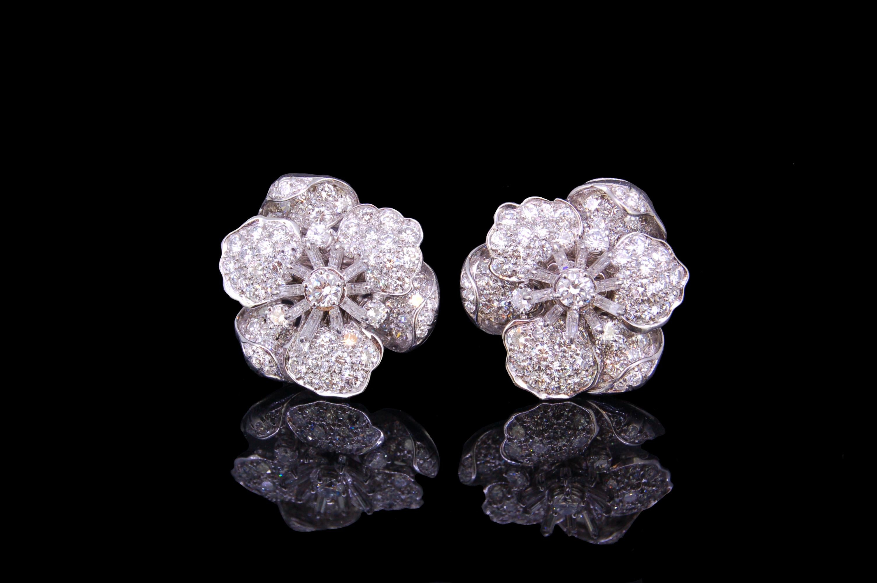 Round Cut Tiffany & Co., Important Pair of Platinum, Diamond Flowerhead Earrings For Sale