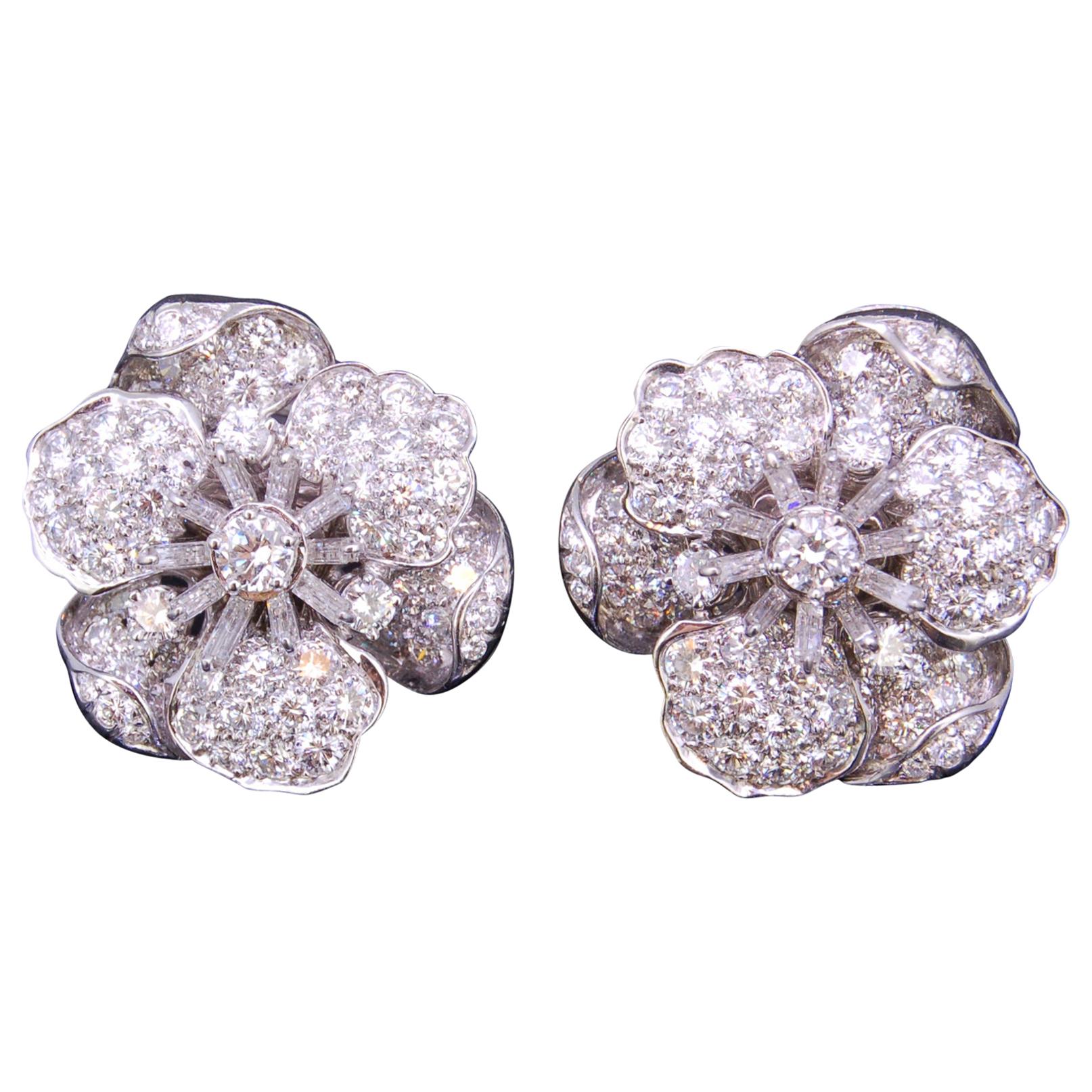 Tiffany & Co., Important Pair of Platinum, Diamond Flowerhead Earrings For Sale