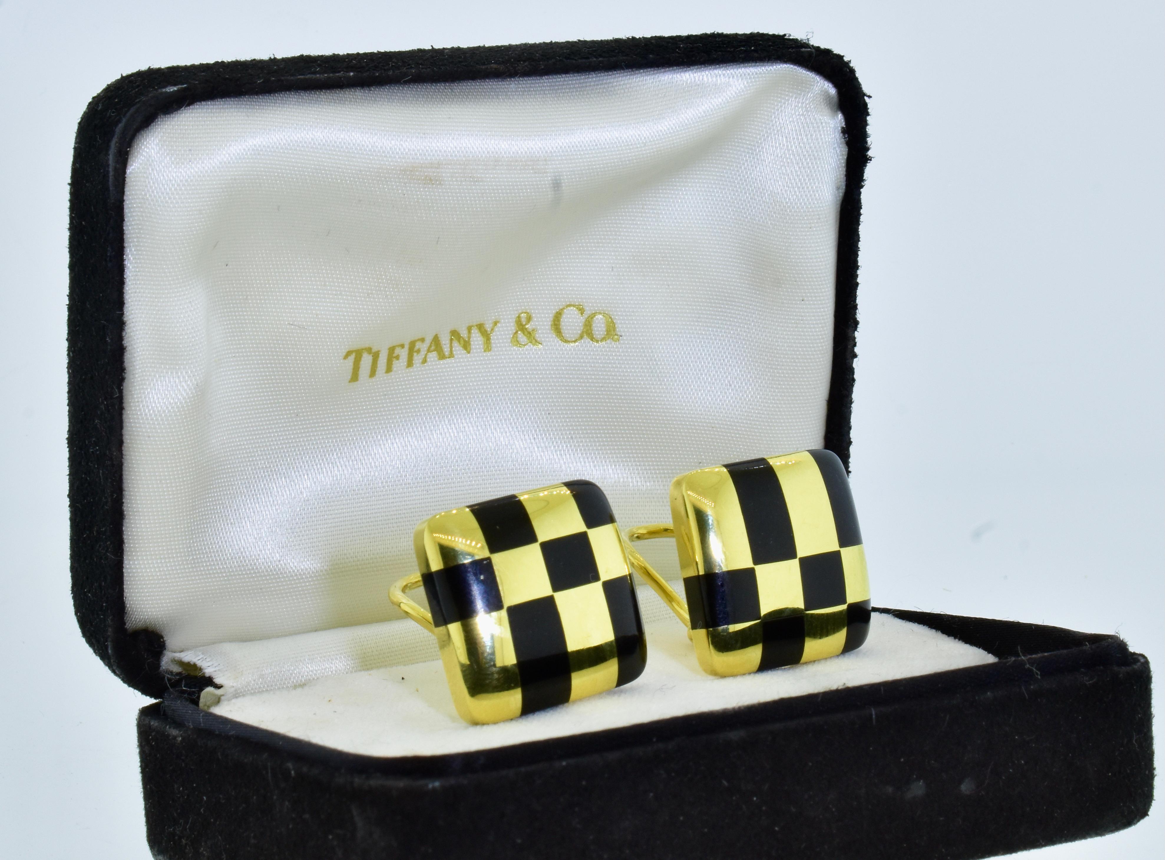 Tiffany earrings Angela Cummings in 18K with inlaid black jade, circa 1982.  In the '80's Tiffany's designers discovered smart and sophisticated geometric designs to which they would periodically return for the next several decades.  Sometimes