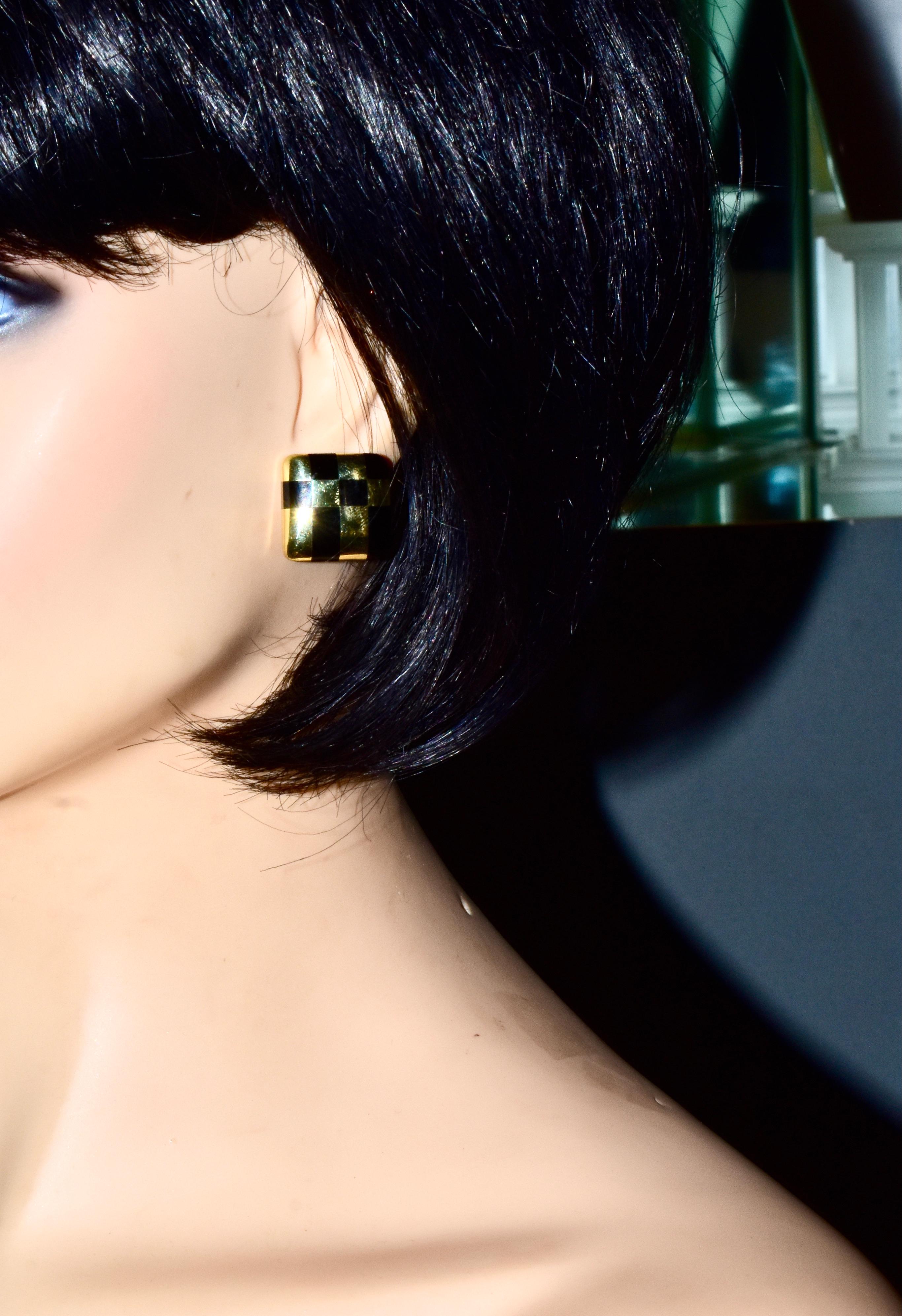Tiffany & Co. Inlaid Black Jade and 18K Yellow Gold Geometric Earrings 2