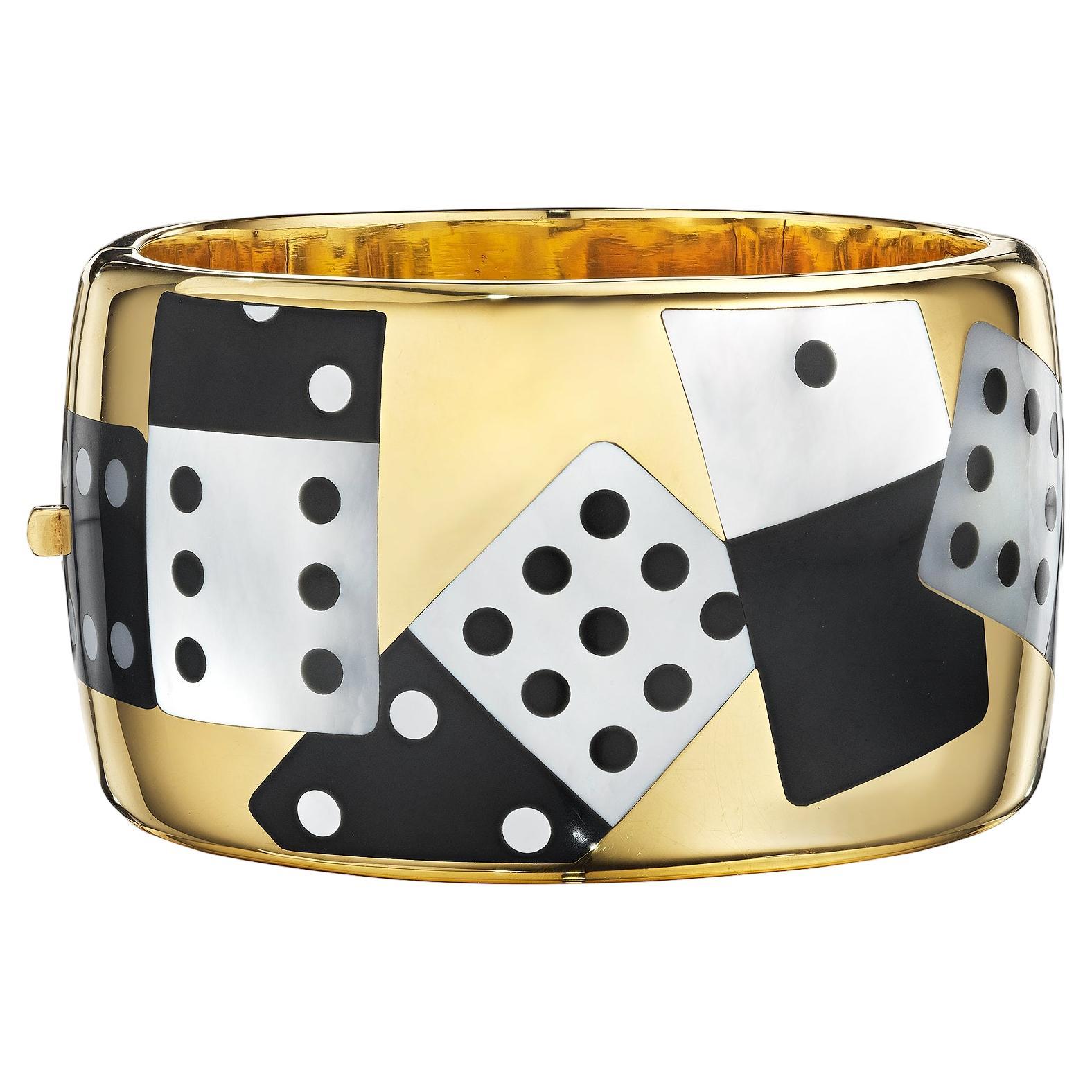 Tiffany and Co. Inlaid Black Jade Mother of Pearl Gold Domino Bangle