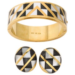 Vintage Tiffany & Co. Inlaid Black Onyx and Mother of Pearl Bracelet and Earclips Set