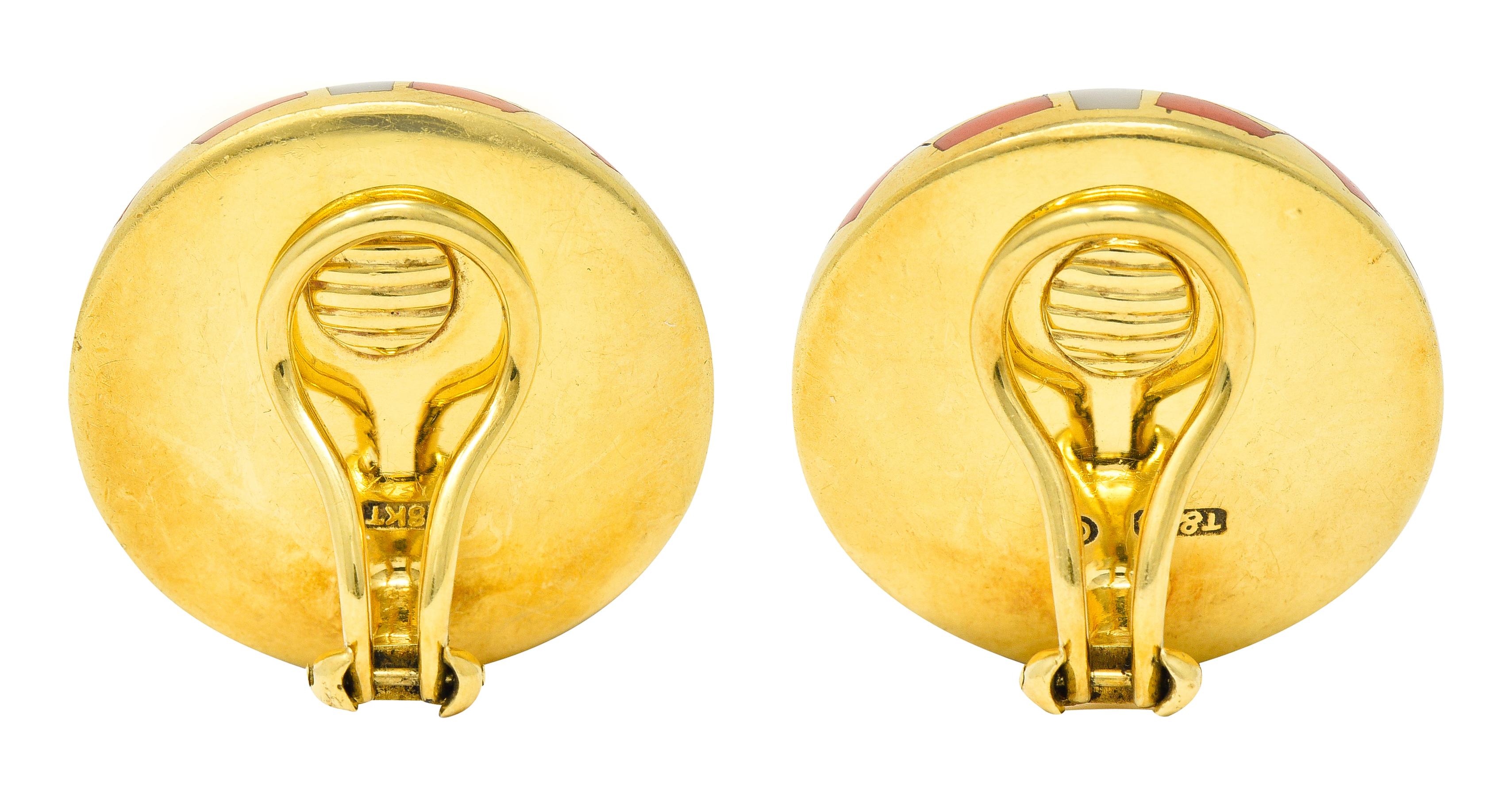 Contemporary Tiffany & Co. Inlaid Coral Mother-of-pearl 18 Karat Yellow Gold Dome Earrings