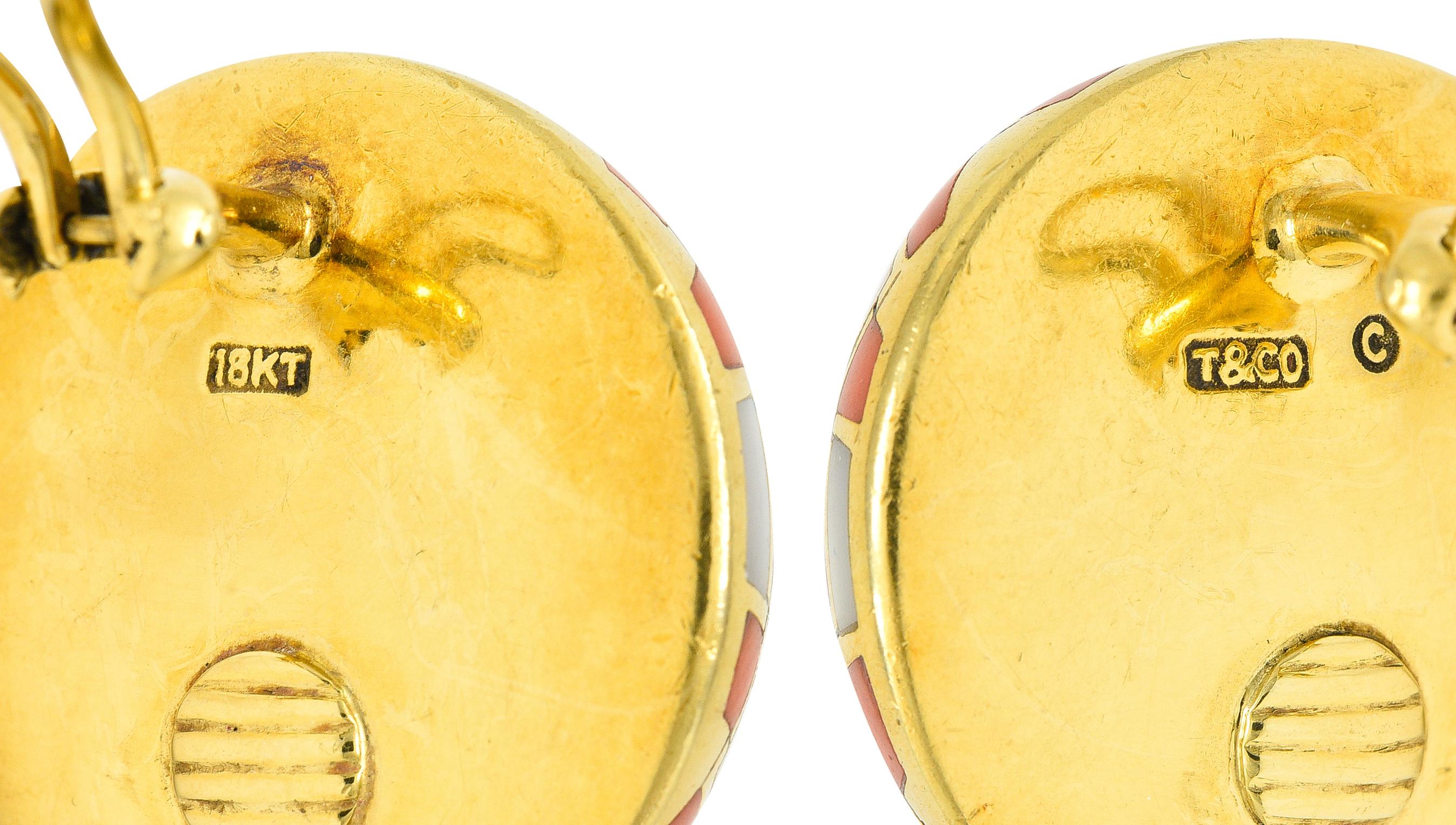 Tiffany & Co. Inlaid Coral Mother-of-pearl 18 Karat Yellow Gold Dome Earrings In Excellent Condition In Philadelphia, PA