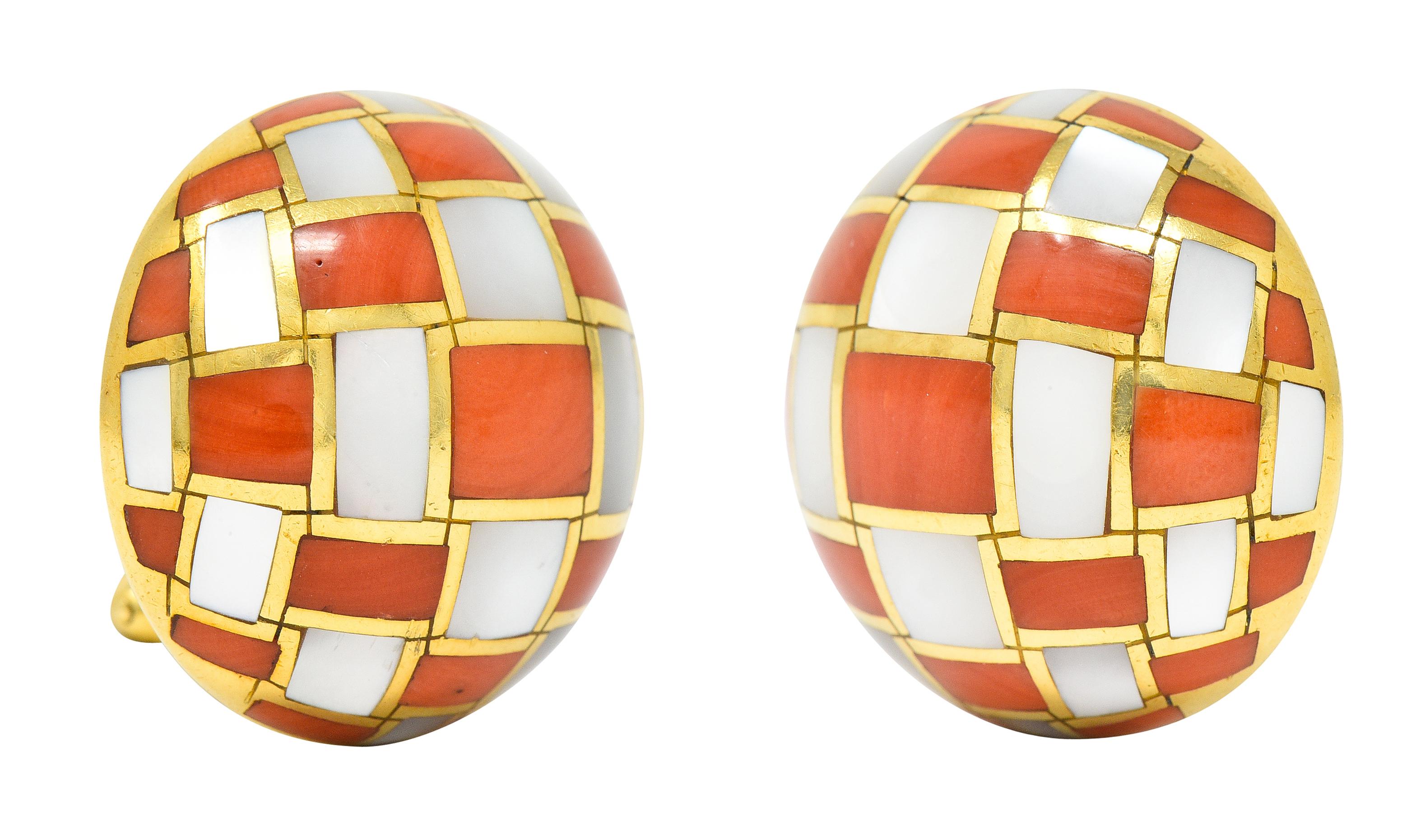 Women's or Men's Tiffany & Co. Inlaid Coral Mother-of-pearl 18 Karat Yellow Gold Dome Earrings