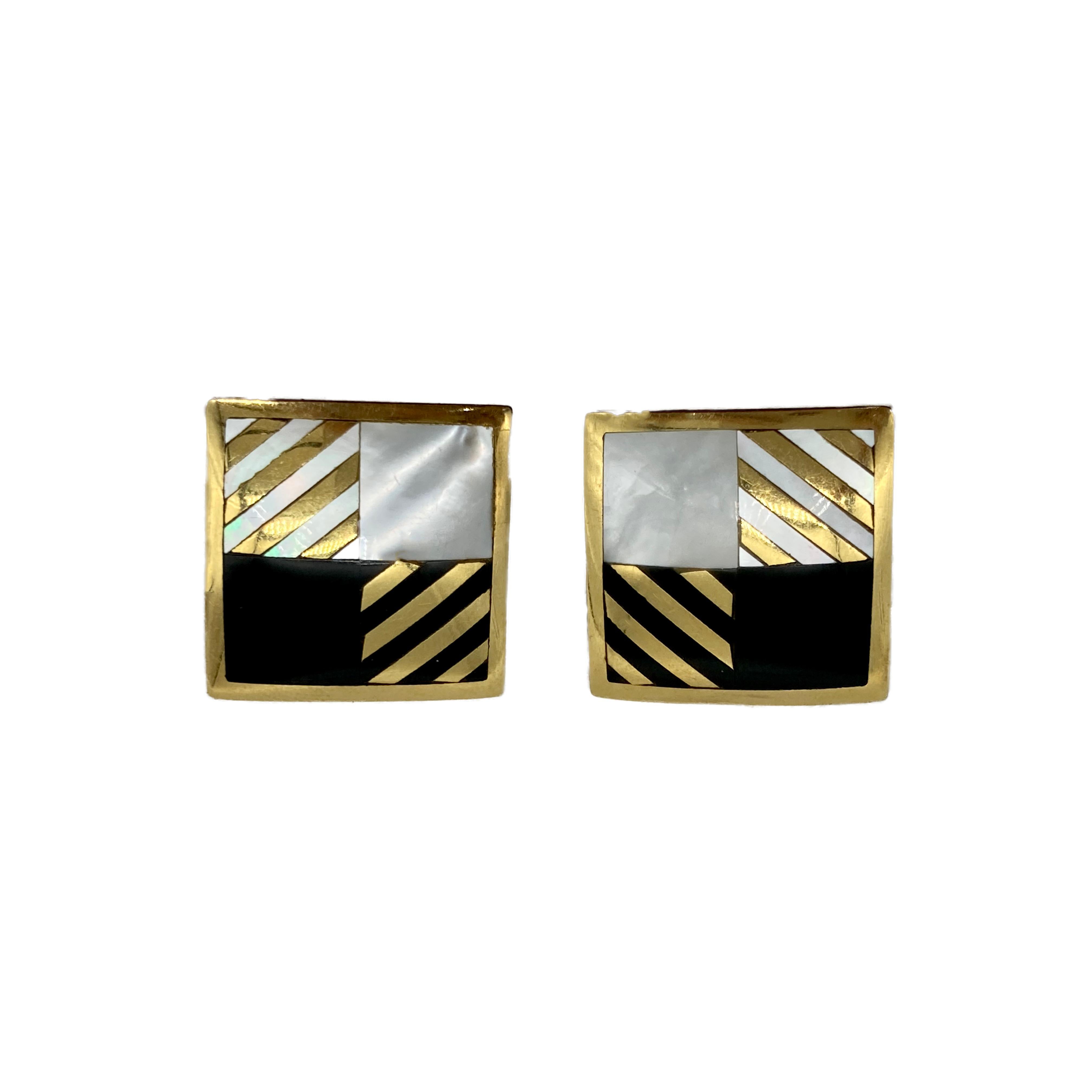 Chic Tiffany & Co. inlaid mother of pearl and 18 karat gold earclips circa 1970s.