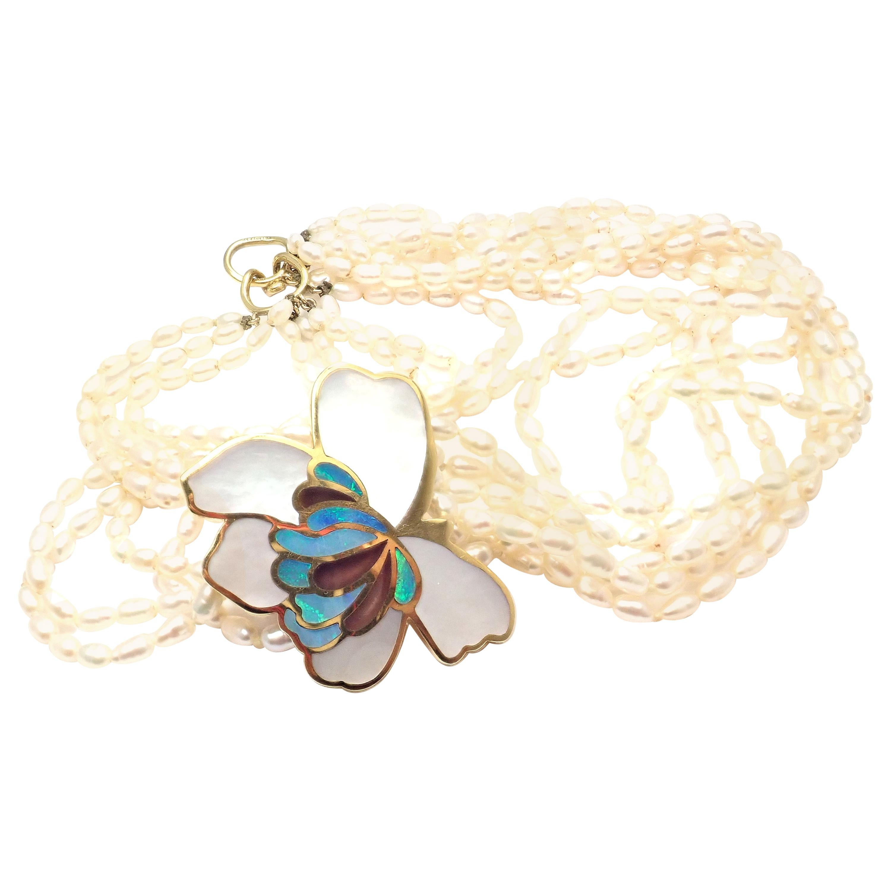 Tiffany & Co. Inlaid Mother of Pearl Opal Flower Yellow Gold Pendant Necklace For Sale