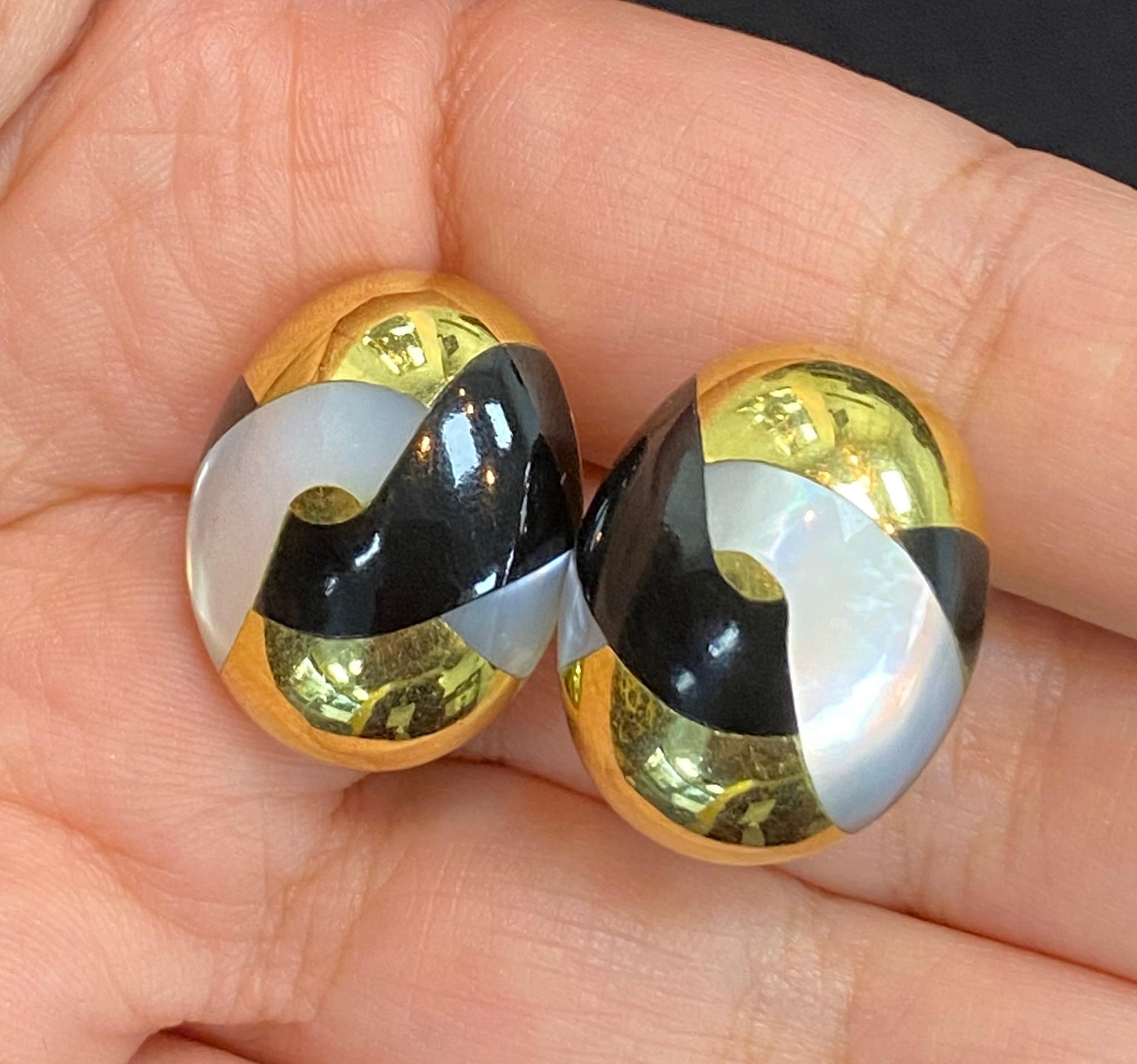 Tiffany & Co Inlay Mother of Pearl Onyx Gold Earrings For Sale 2