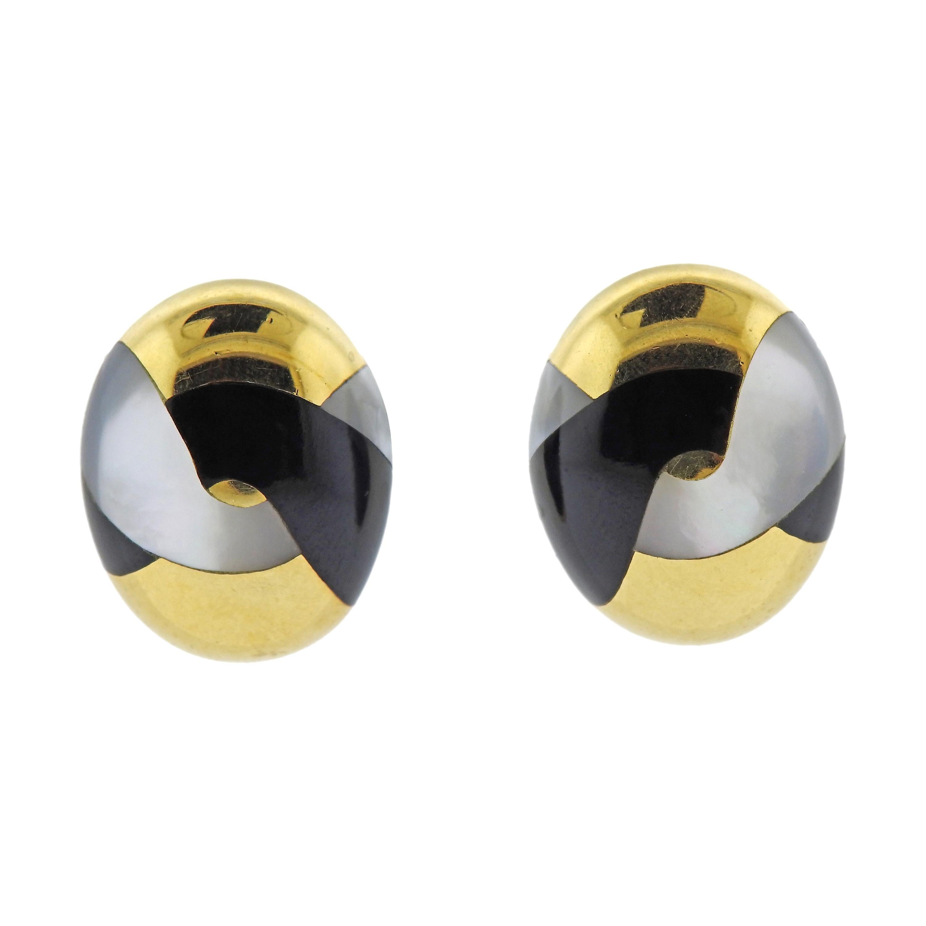 Tiffany & Co Inlay Mother of Pearl Onyx Gold Earrings For Sale