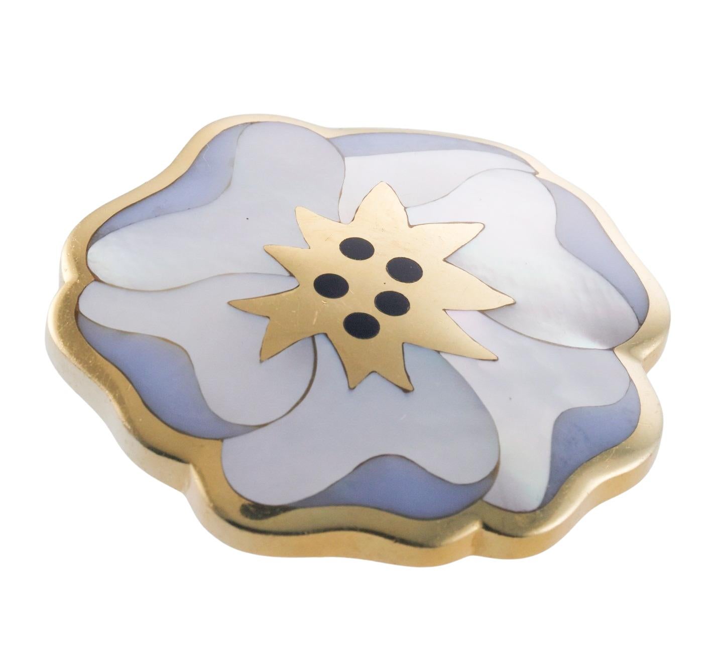 Tiffany & Co Inlay Mother of Pearl Onyx Gold Flower Brooch In Excellent Condition For Sale In New York, NY