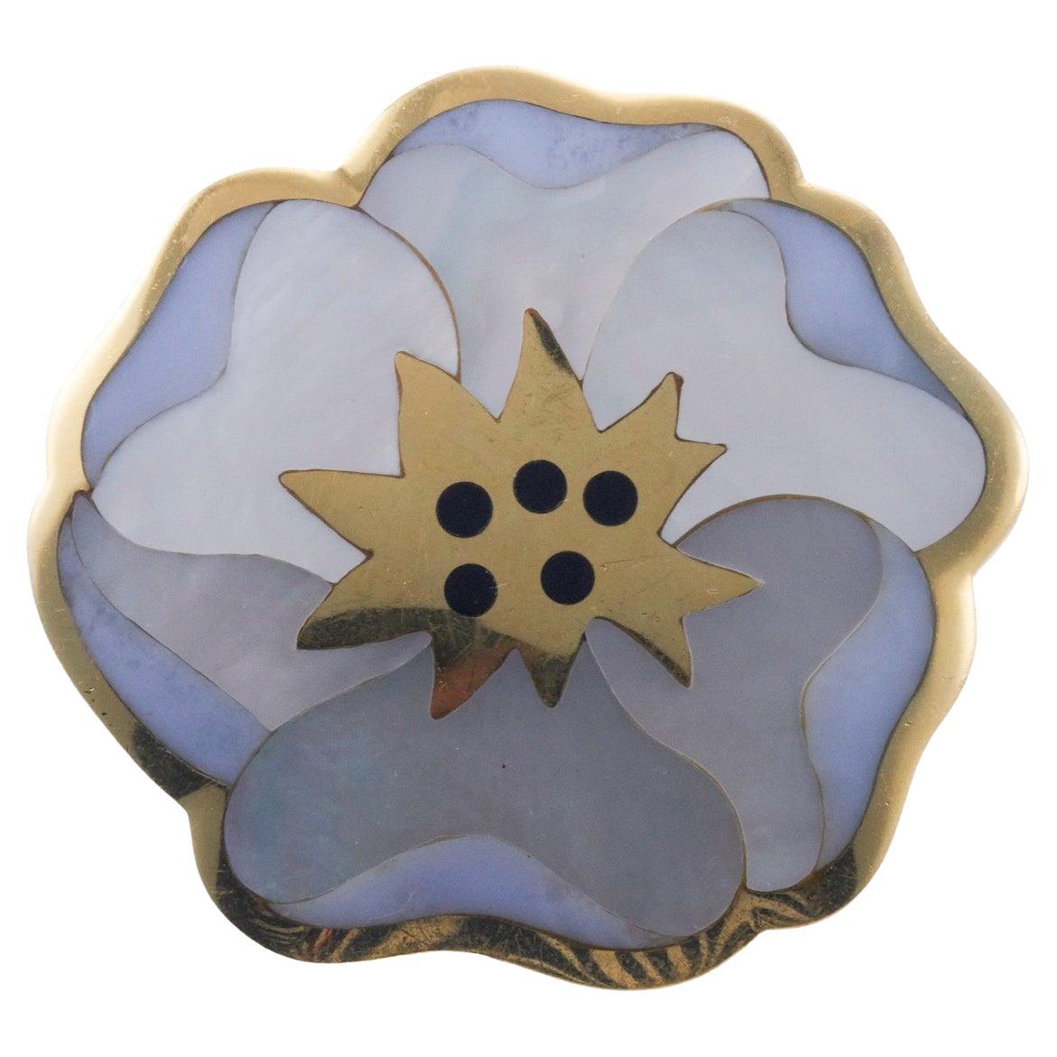 Tiffany & Co Inlay Mother of Pearl Onyx Gold Flower Brooch For Sale