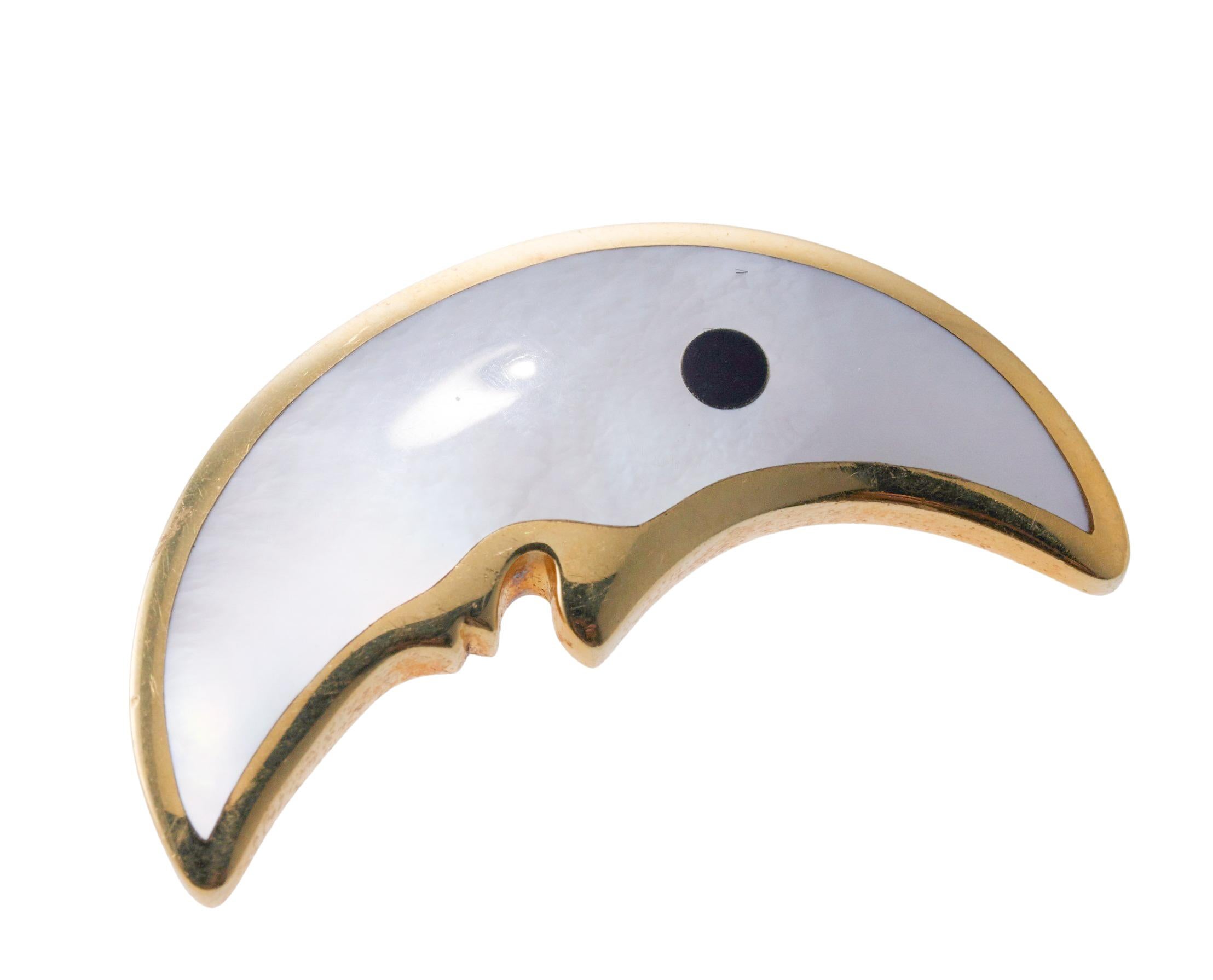 Tiffany & Co Inlay Mother of Pearl Onyx Gold Half Moon Brooch Set In Excellent Condition For Sale In New York, NY