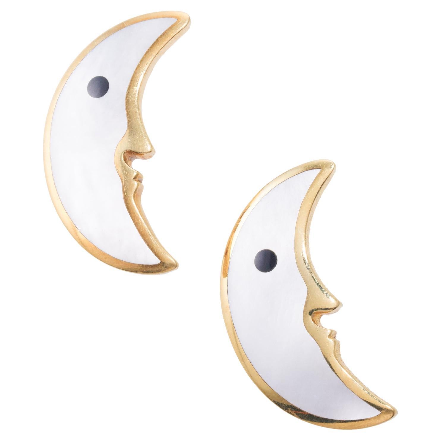 Tiffany & Co Inlay Mother of Pearl Onyx Gold Half Moon Brooch Set For Sale