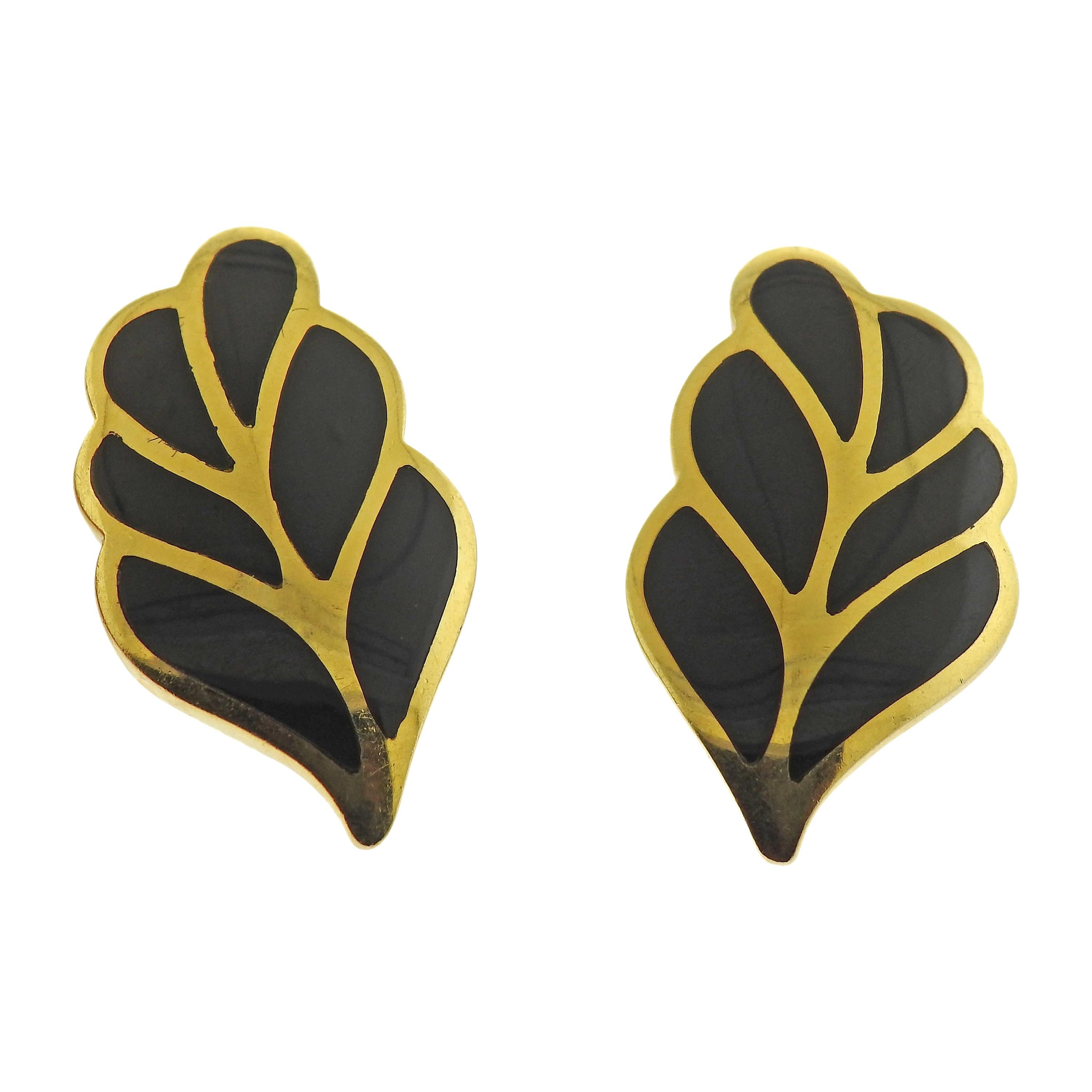 Tiffany & Co Inlay Onyx Gold Earrings For Sale