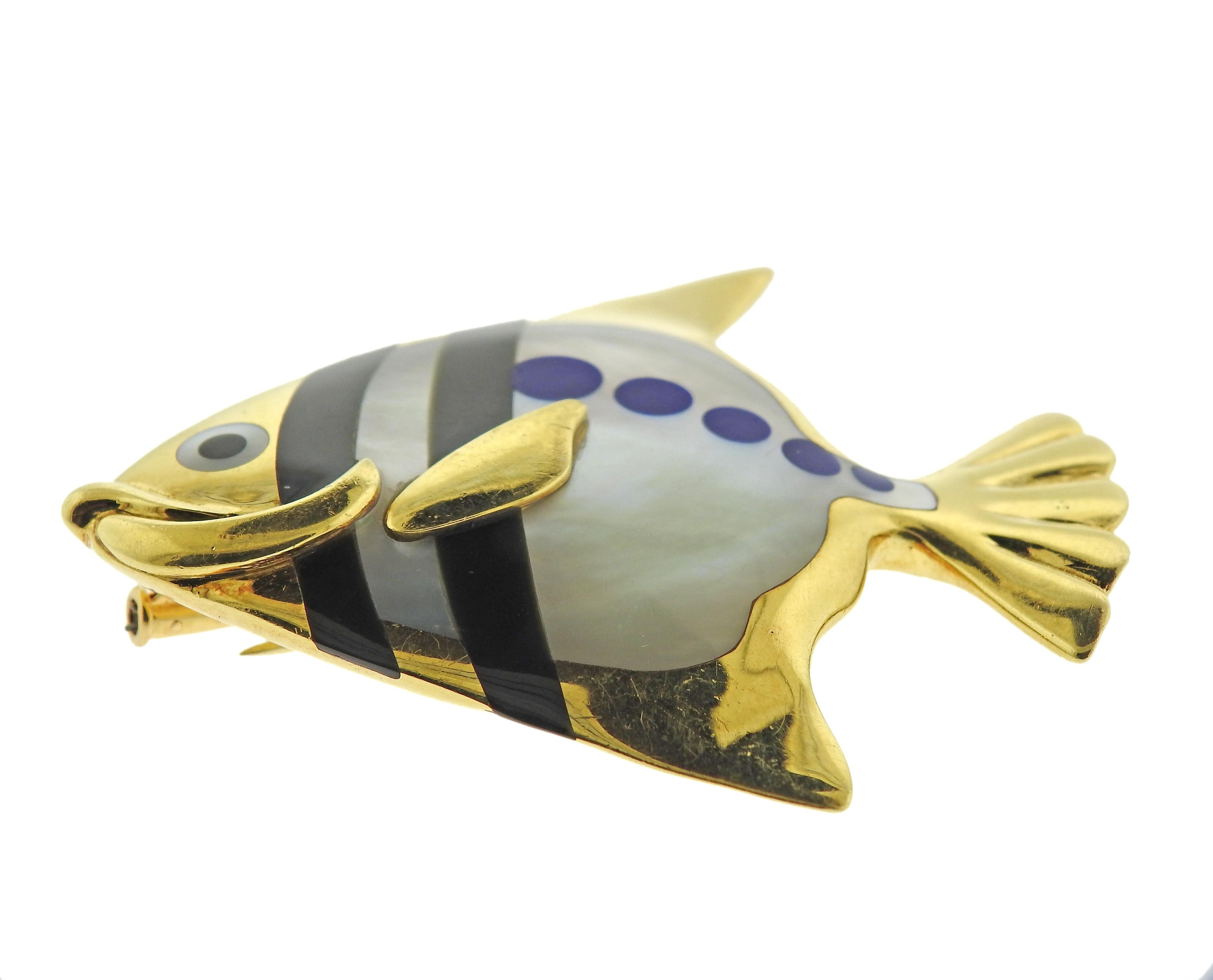 Round Cut Tiffany & Co. Inly Lapis Mother of Pearl Onyx Gold Fish Brooch