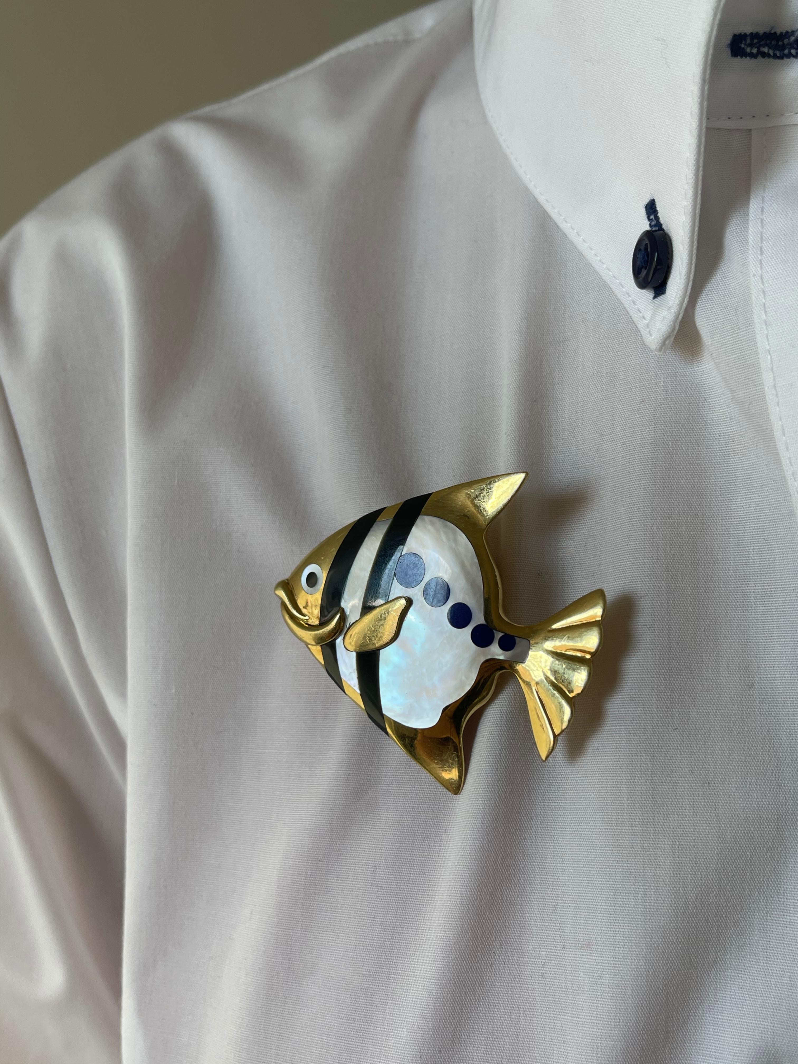 Women's Tiffany & Co. Inly Lapis Mother of Pearl Onyx Gold Fish Brooch