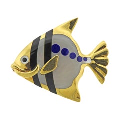 Tiffany & Co. Inly Lapis Mother of Pearl Onyx Gold Fish Brooch