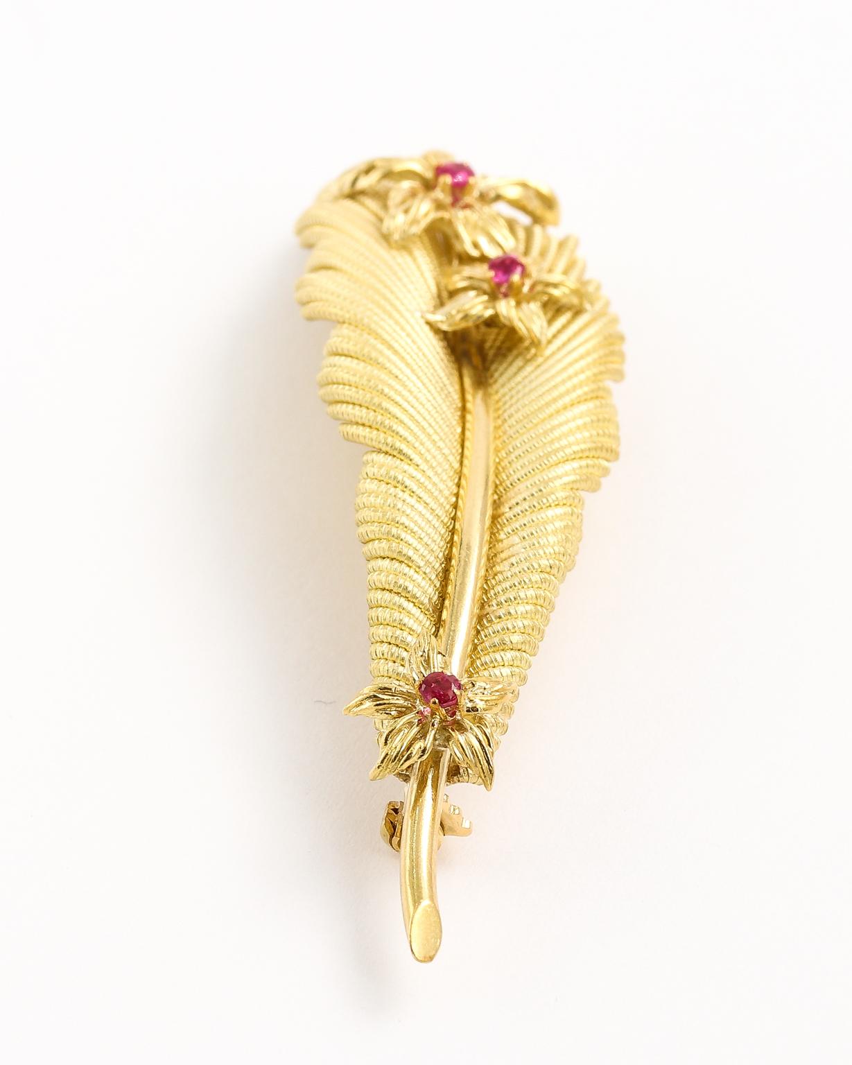 Women's Tiffany & Co. Intricate 18 Karat Yellow Gold Ruby Feather Pin Brooch