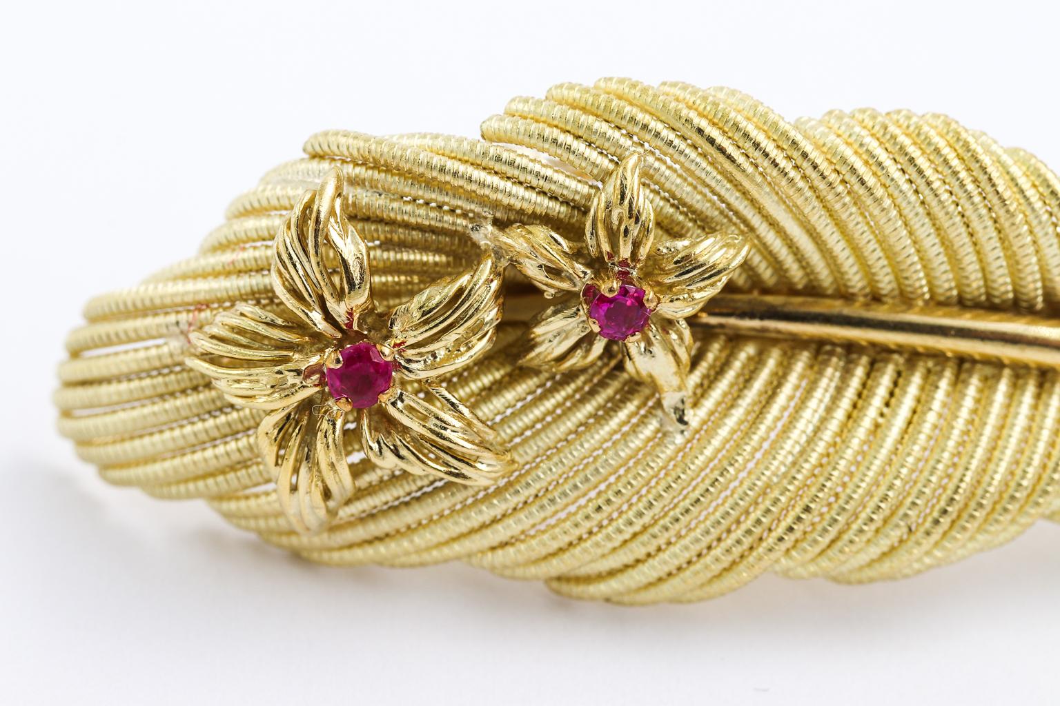 Tiffany & Co. Intricate 18 Karat Yellow Gold Ruby Feather Pin Brooch 2