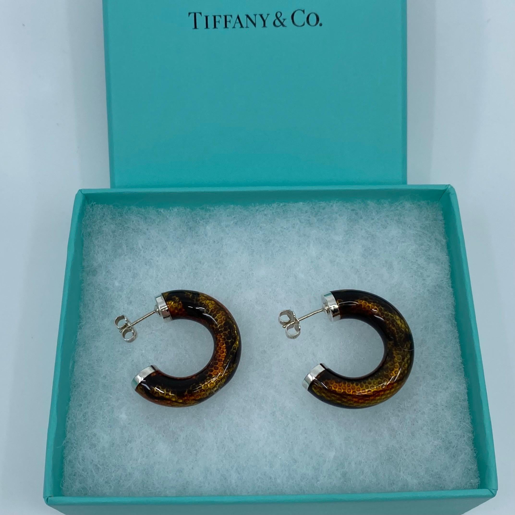 Tiffany & Co. Italian Made Snakeskin Pattern Enamel Resin Silver Hoop Earrings 3