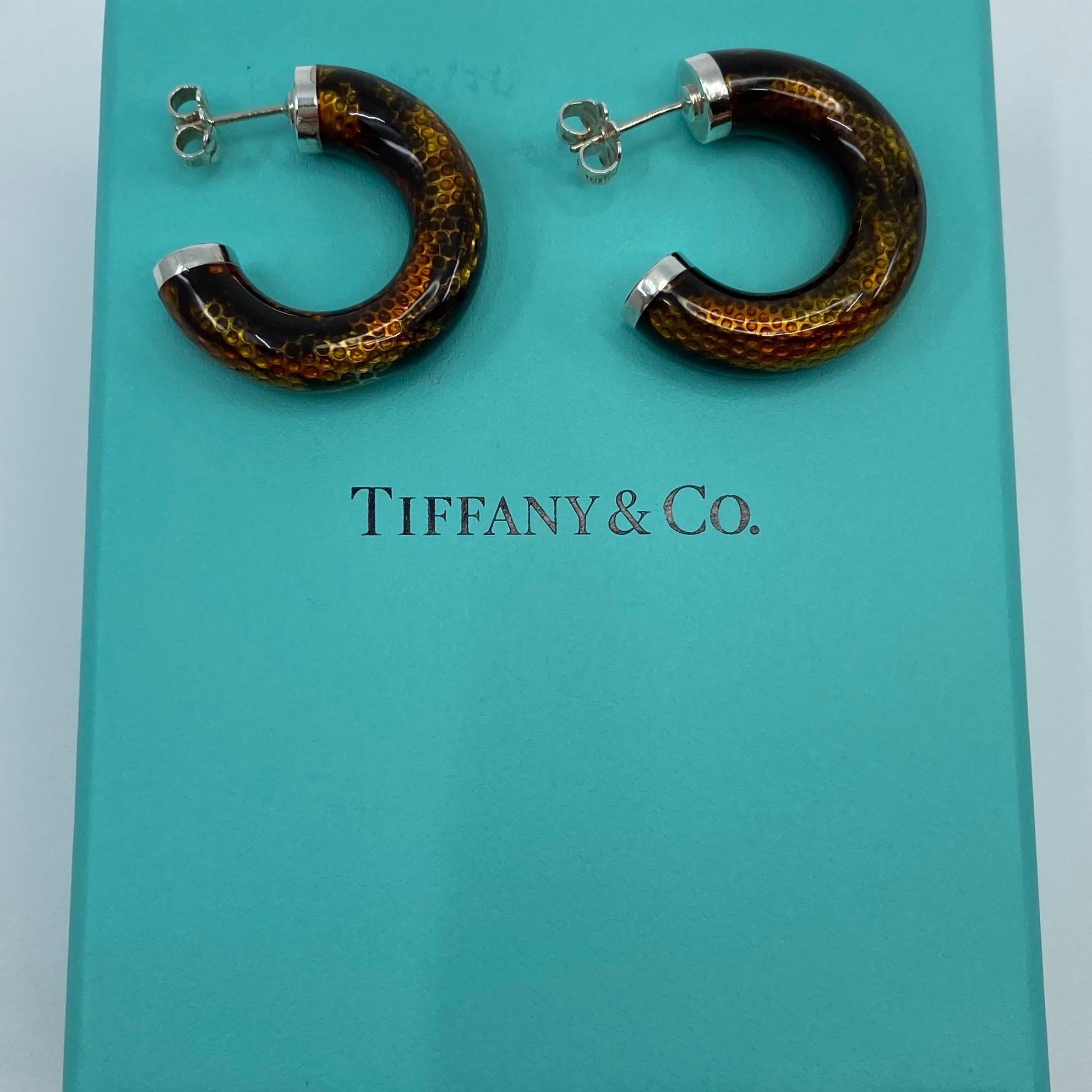 Tiffany & Co. Italian Made Snakeskin Pattern Enamel Resin Silver Hoop Earrings 5