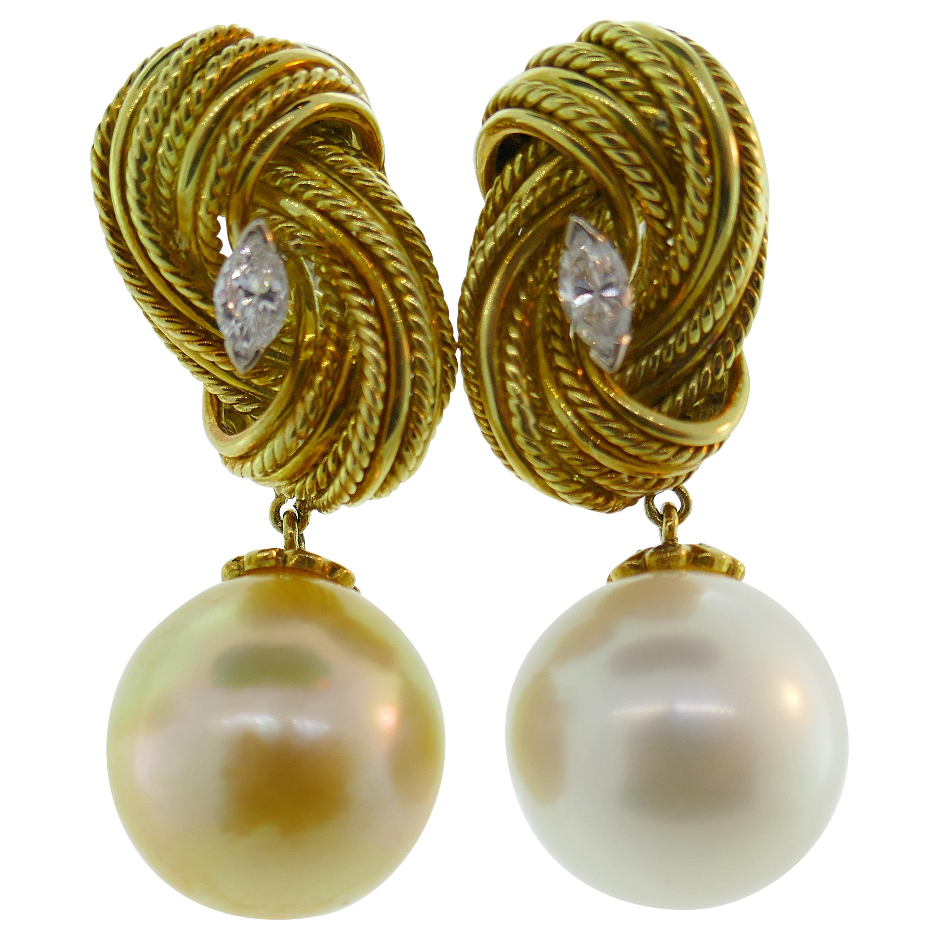 Tiffany 
Co. Italy 18 Karat Gold, Diamond and South Sea Pearl Drop Earrings