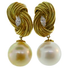 Tiffany & Co. Italy 18 Karat Gold, Diamond and South Sea Pearl Drop Earrings