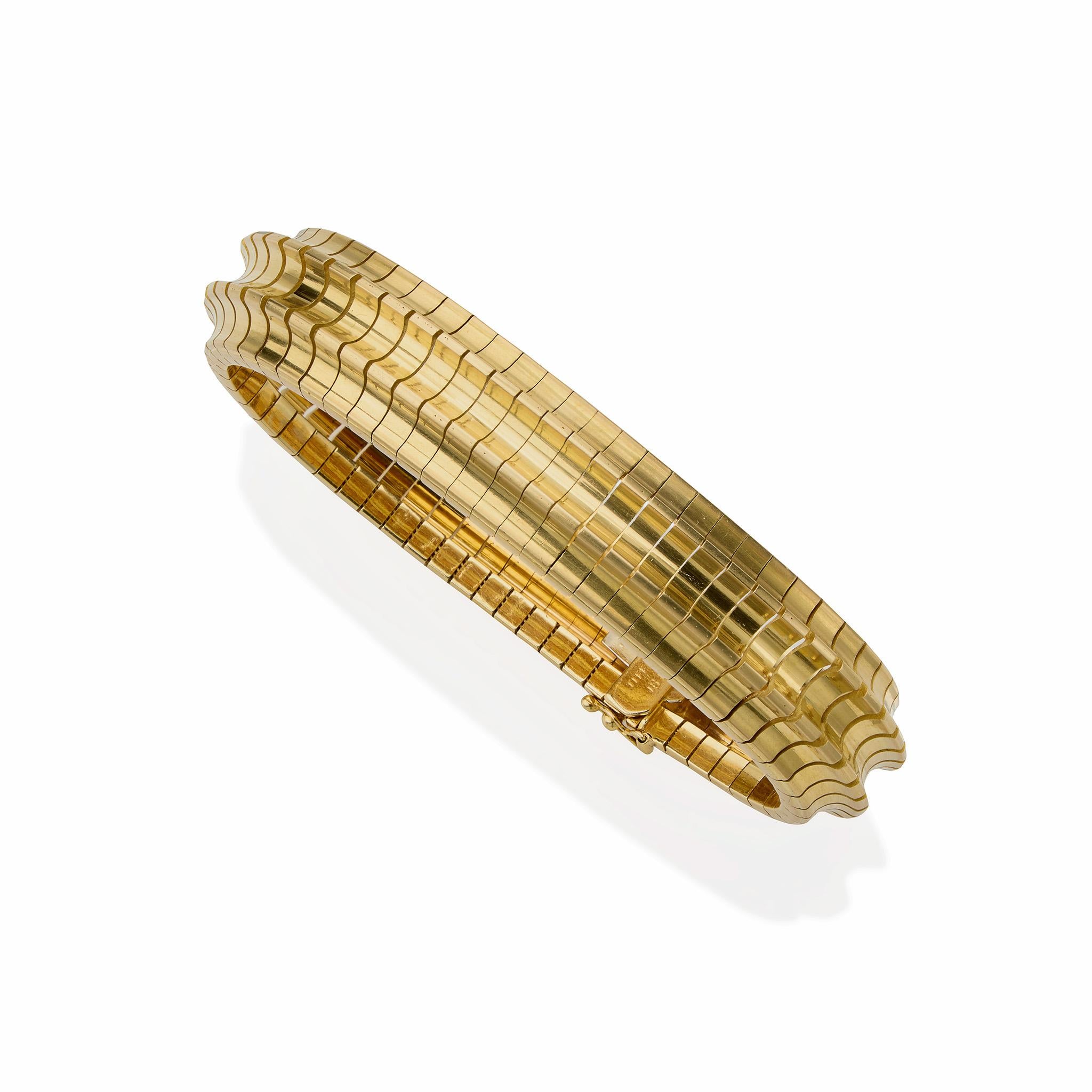 Tiffany & Co. Italy 18K Gold Bracelet
Regular price
$25,000
Created in the 1960s in Italy, this Tiffany & Co. bracelet is composed of 18K gold. The bombe form is designed as a series of shaped, high arched links. With its sleek, modernist form, and