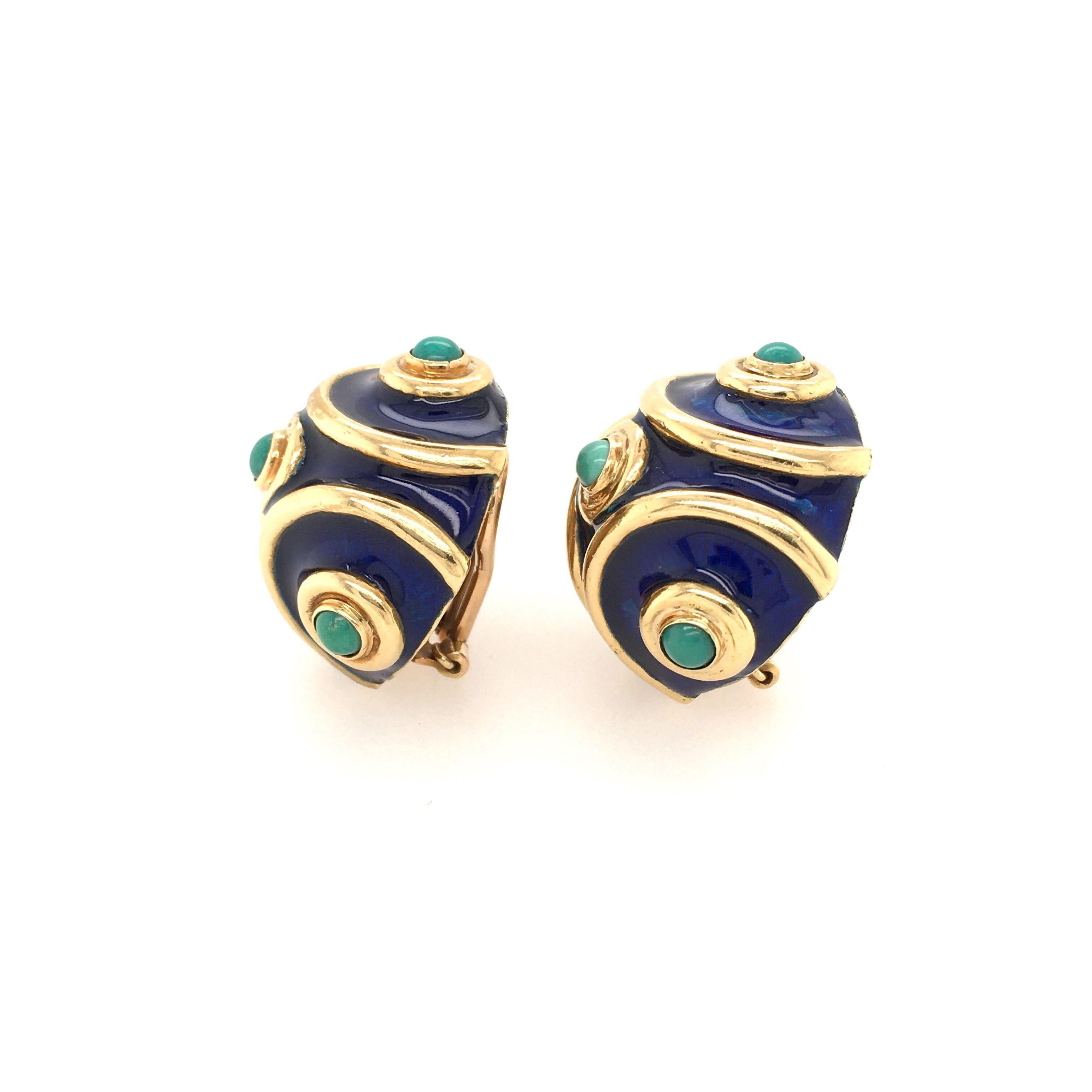 A pair of 18 karat yellow gold, enamel and turquoise earrings, Tiffany & Co. Italy. Circa 1980. Designed as a royal blue paillonné enamel dome, decorated with polished gold lines and cabochon turquoise. Diameter is approximately 7/8 inches, gross