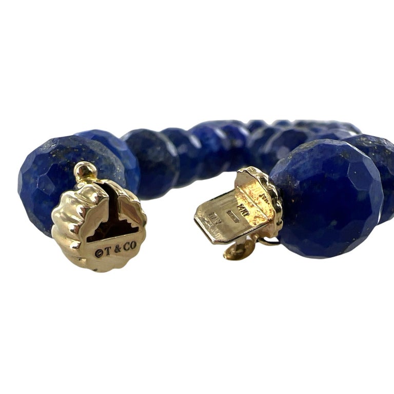 Women's Tiffany & Co. Italy Faceted Lapis Lazuli Bead 14K Yellow Gold Clasp Necklace For Sale