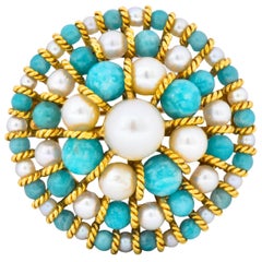 Tiffany & Co. Italy Retro Cultured Pearl Amazonite 18 Karat Gold Brooch