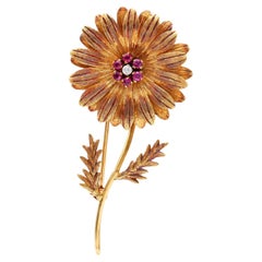 Retro Tiffany & Co Italy Ruby Diamond Yellow Gold Flower Brooch