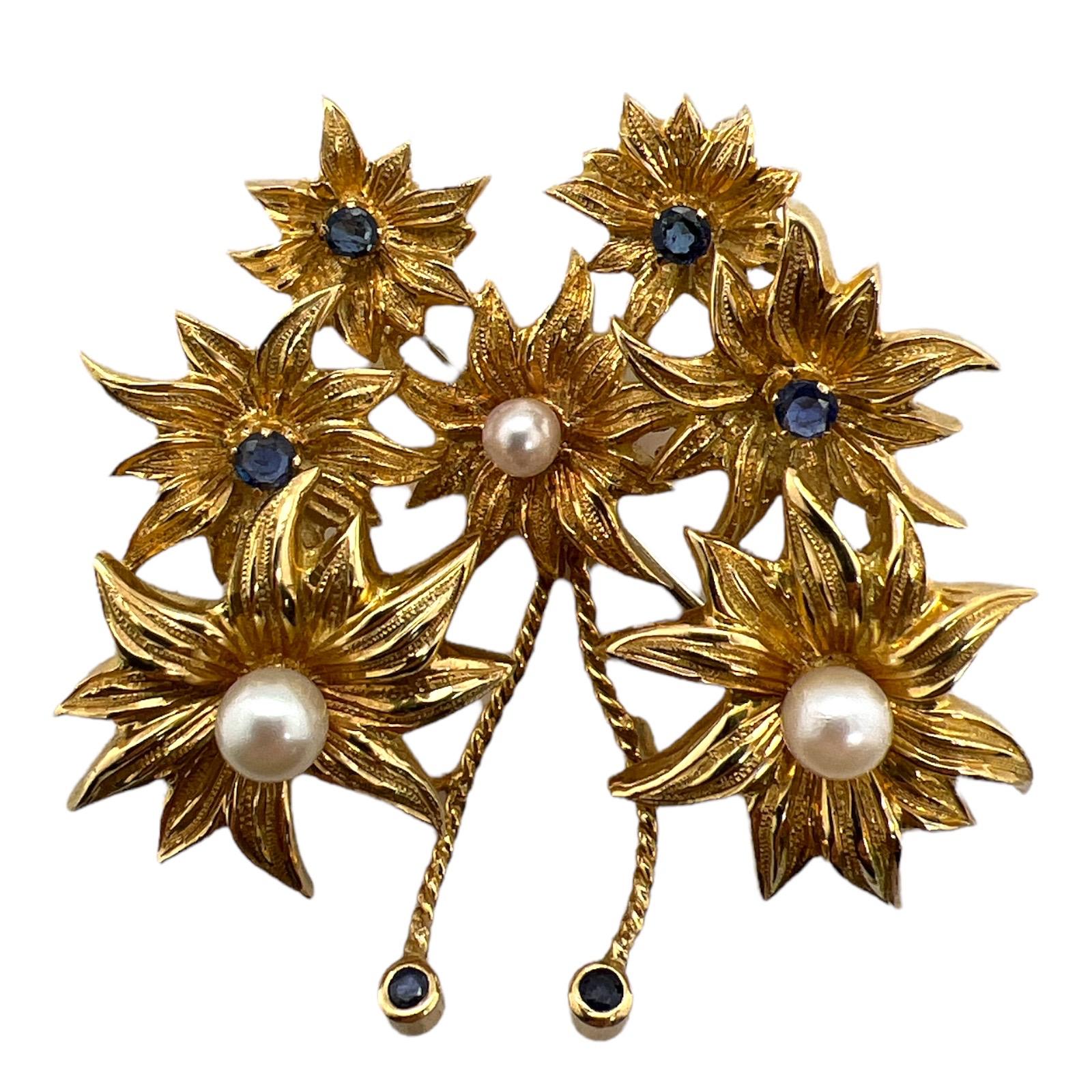 Round Cut Tiffany & Co. Italy Sapphire Cultured Pearl 18K Yellow Gold Flower Pin Brooch