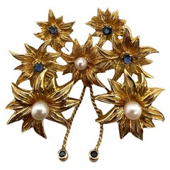 Tiffany & Co. Italy Sapphire Cultured Pearl 18K Yellow Gold Flower Pin Brooch