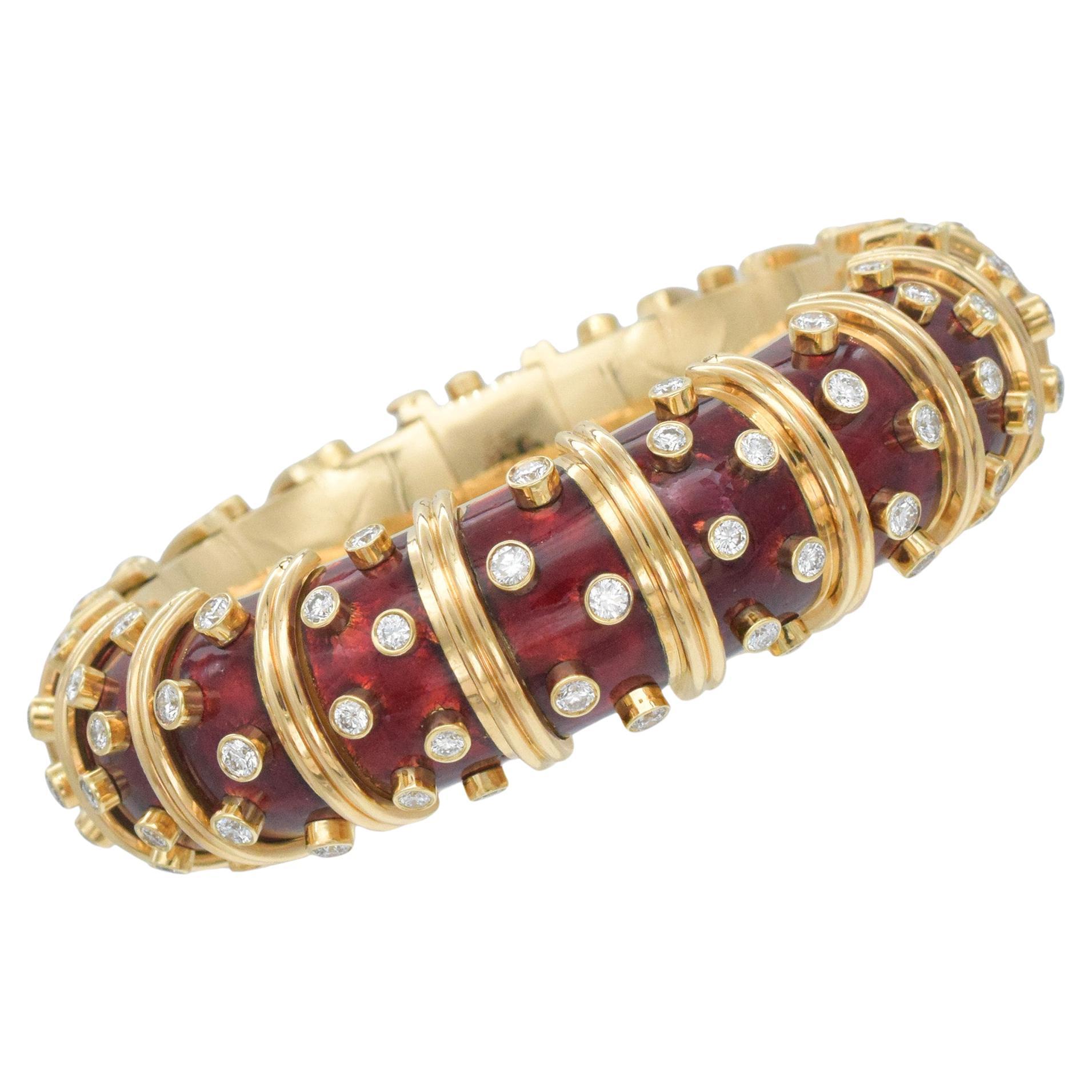 Tiffany & Co. J. Schlumberger - Bracciale in oro, smalto rosso e diamanti