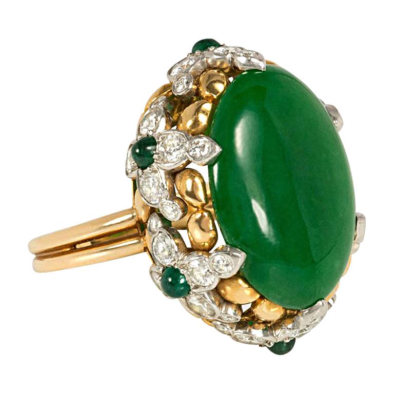 Tiffany & Co. Jade Cocktail Ring in a Gold, Diamond, and Emerald Florette Mount