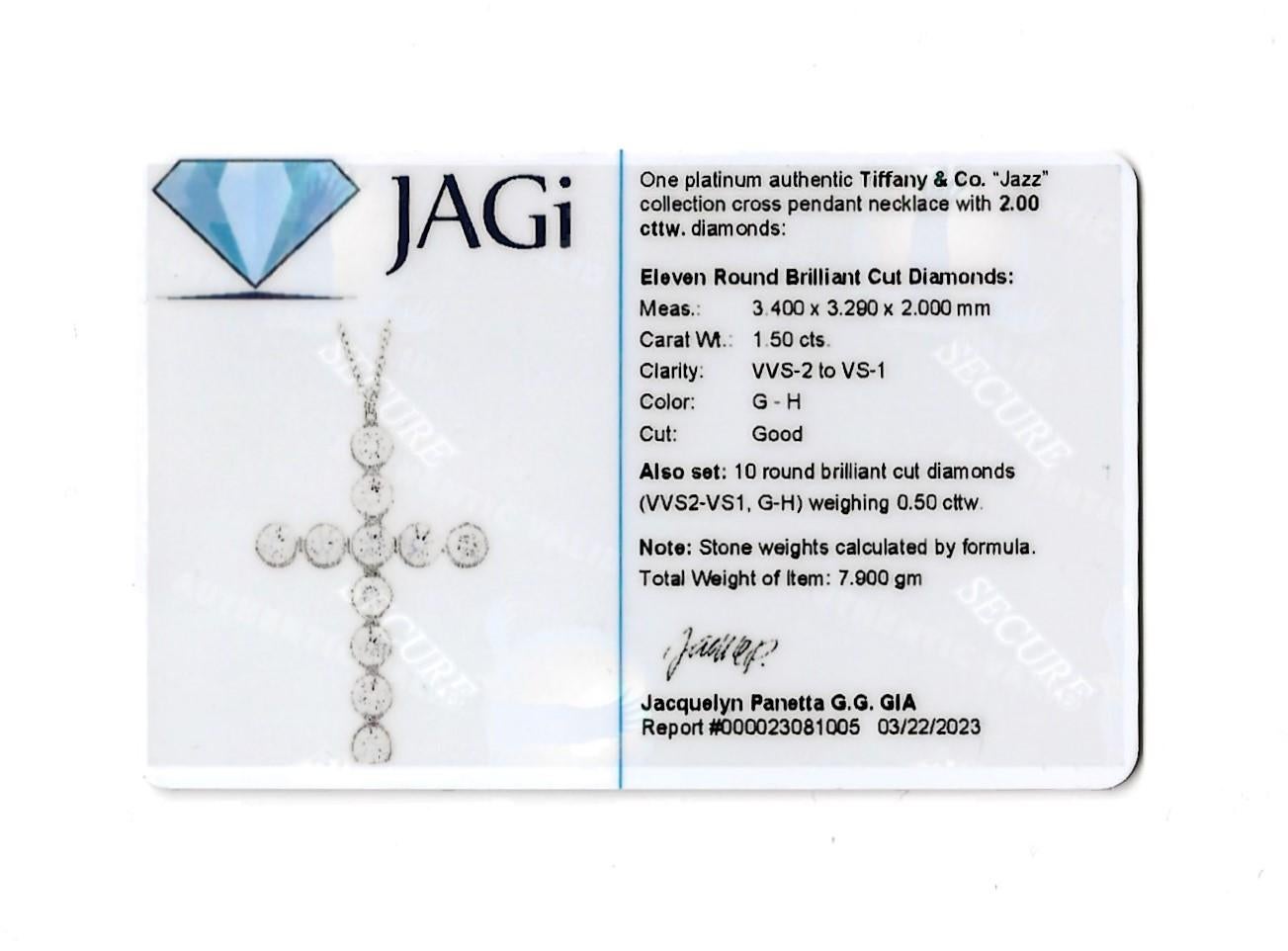 Tiffany & Co. Jazz 2.00 Carats Total Diamond Cross Pendant Necklace in Platinum 8