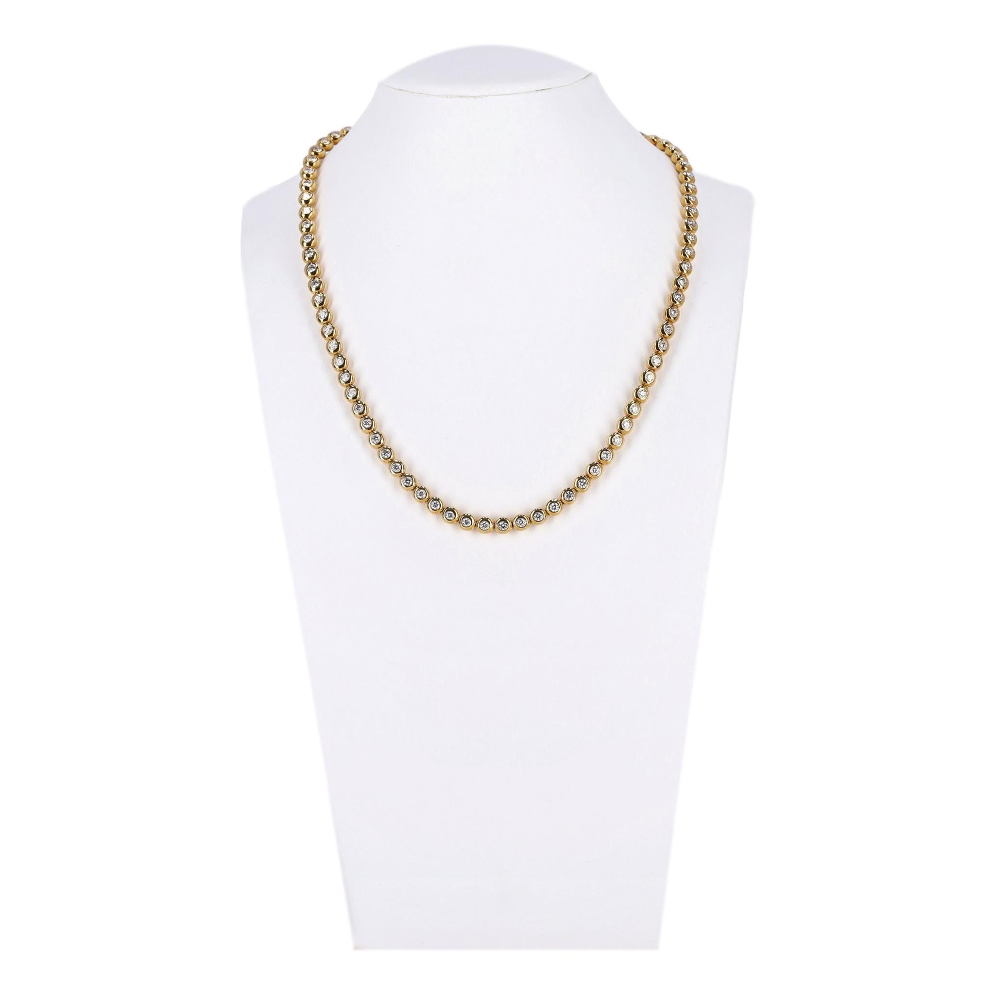 Tiffany & Co Diamond 5ct Tennis Necklace In 18k Gold 

Jazz bubble diamond necklace with brilliant white bezel set diamonds in a bubble styled

18k gold setting, tennis necklace.

Approximately 80 VS1 diamonds in total, equalling approx 5cts.

Rrp