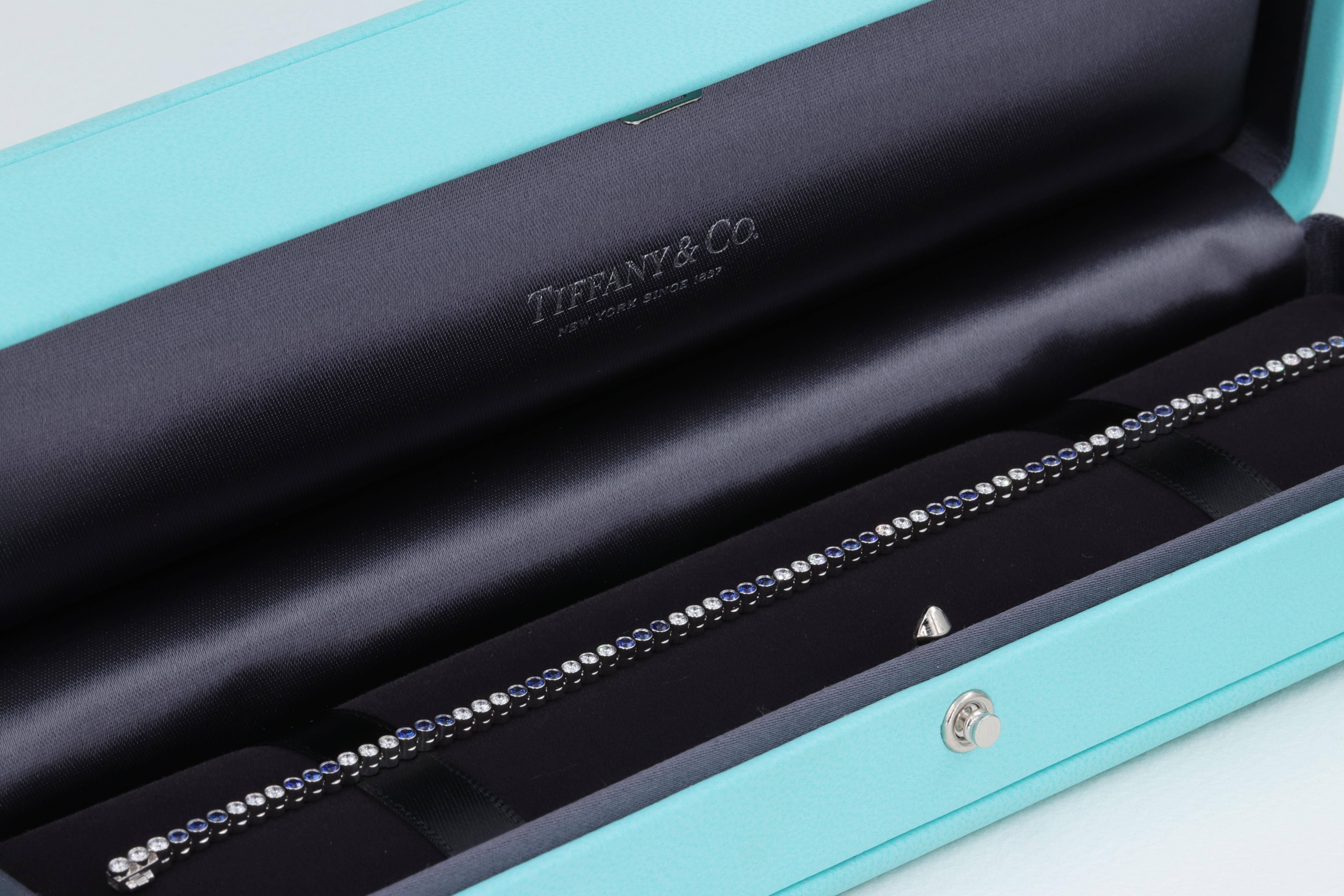 Tiffany & Co. Jazz Diamond and Sapphire Bezel Set Bracelet in Platinum in Box In Excellent Condition In Tampa, FL
