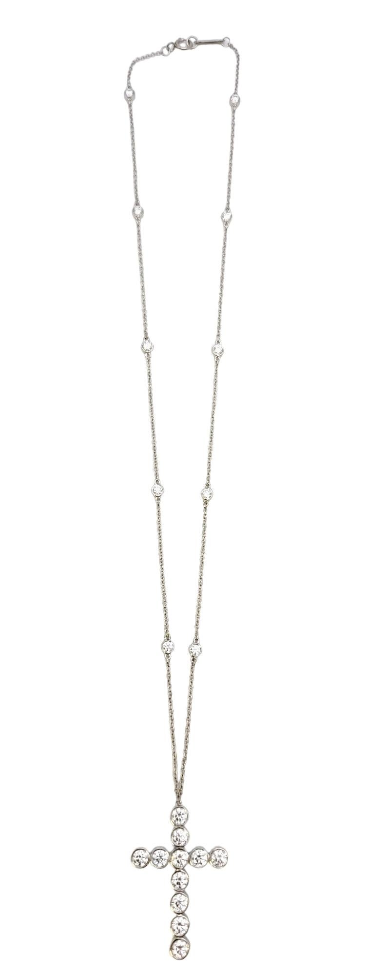 Round Cut Tiffany & Co. Jazz Diamond Cross Pendant on Diamonds By The Yard Necklace 2 CTW For Sale