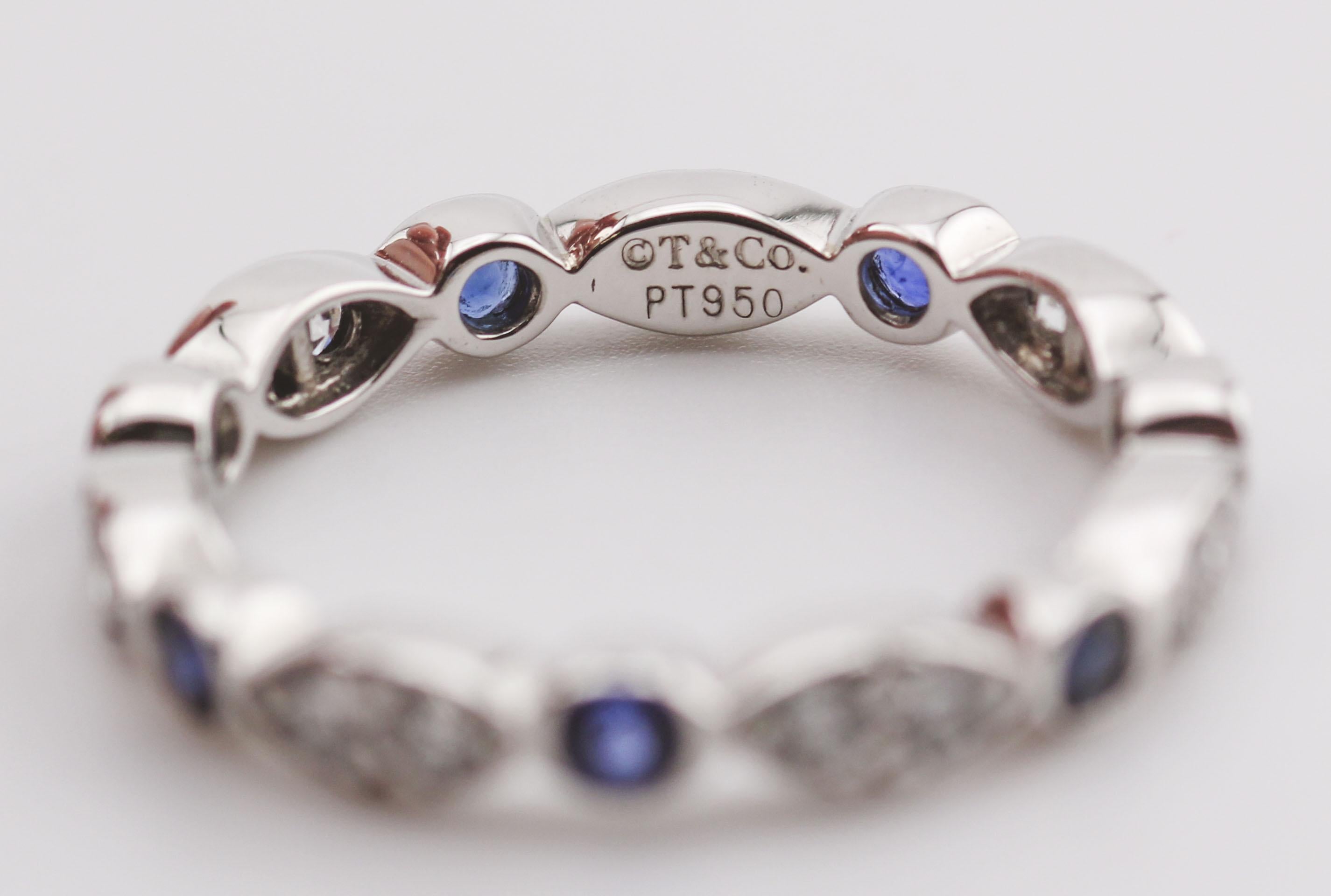 Brilliant Cut Tiffany & Co. Jazz Diamond Sapphire Platinum Eternity Band Size 4.25 For Sale