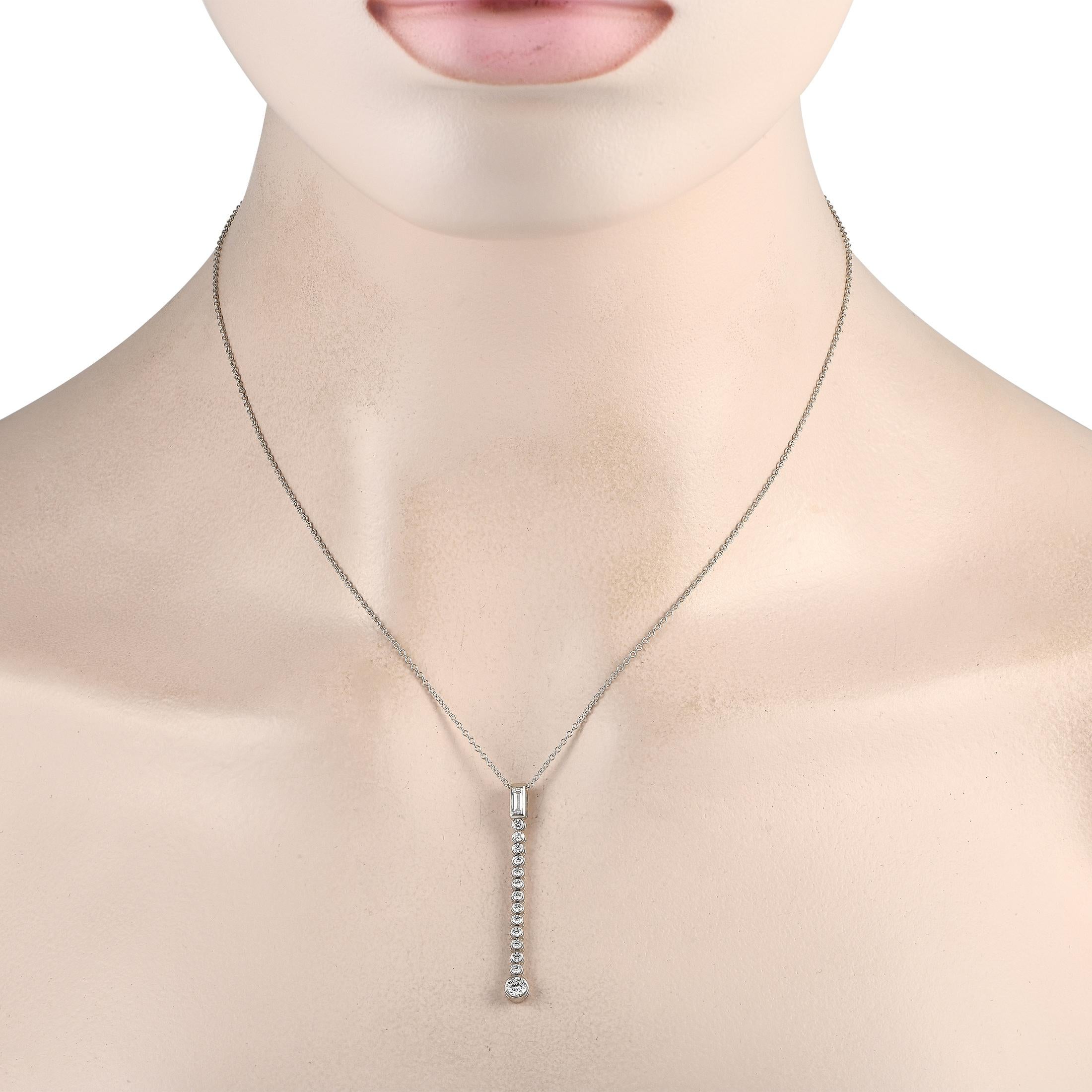 There’s something timeless about this exquisite Tiffany & Co. Jazz necklace. Shimmering Platinum beautifully elevates this piece’s series of sparkling diamonds, which together possess a total weight of 1.0 carats. The pendant is suspended from a