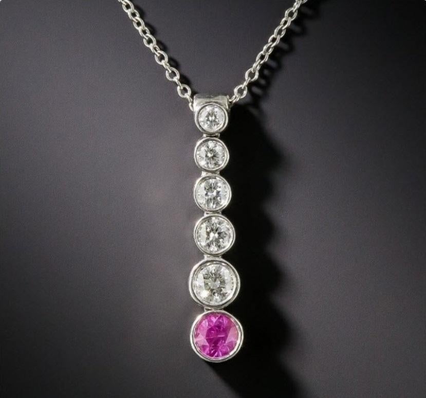 TIFFANY & Co. Jazz Platinum Diamond Pink Sapphire Graduated Drop Pendant Necklace

Metal: Platinum
Chain: 16